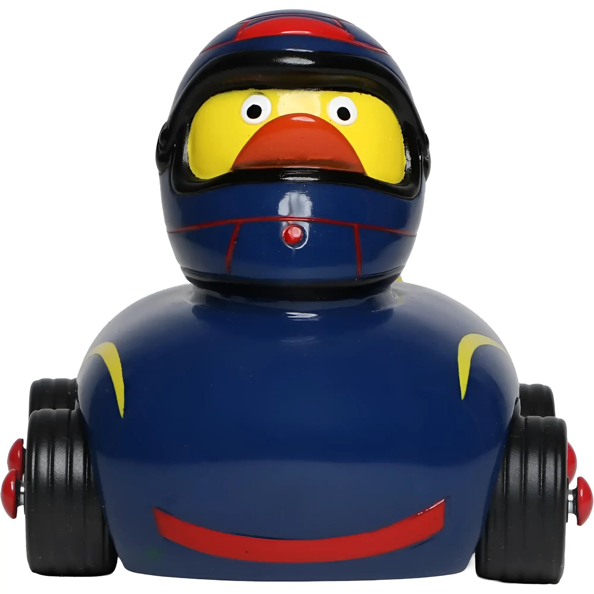 Blauer gummienten-rennfahrer mit glänzendem helm und roten akzenten aus der ducks on wheels serie von schnabels