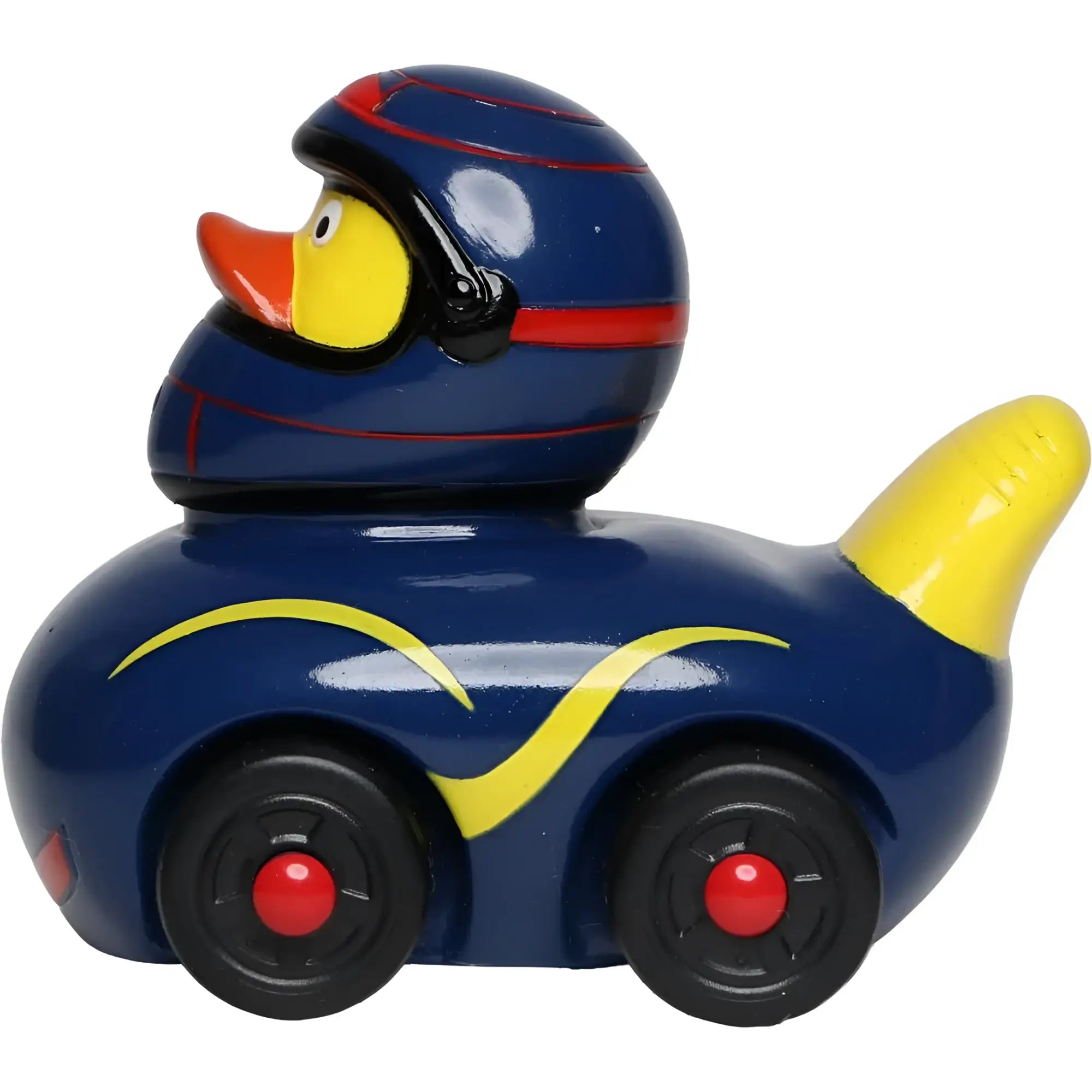Blauer badeente rennfahrer mit helm sitzt im blauen rennauto mit gelben akzenten von schnabels