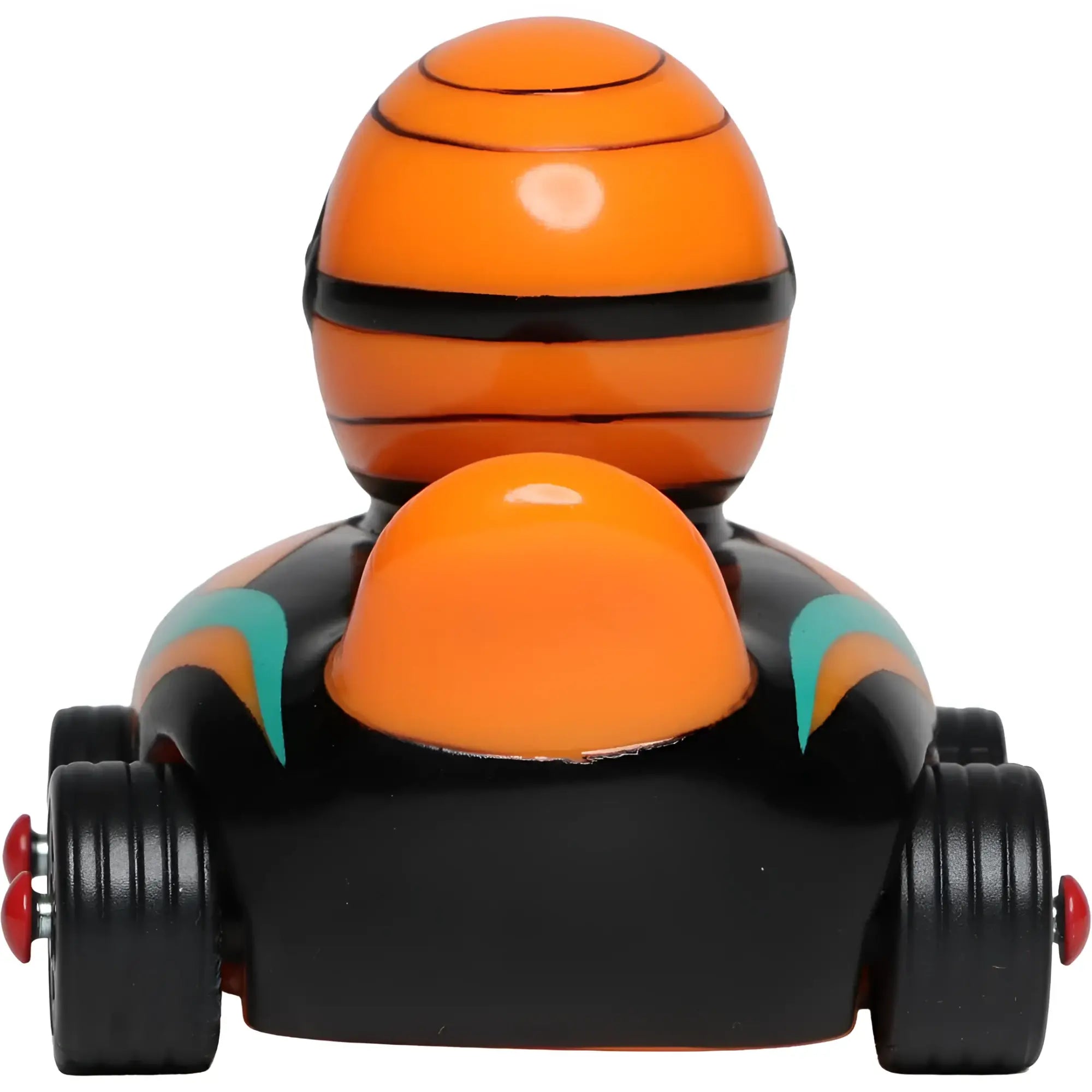 Orange und schwarze gummiente als rennauto mit türkisen akzenten aus der serie ducks on wheels von schnabels