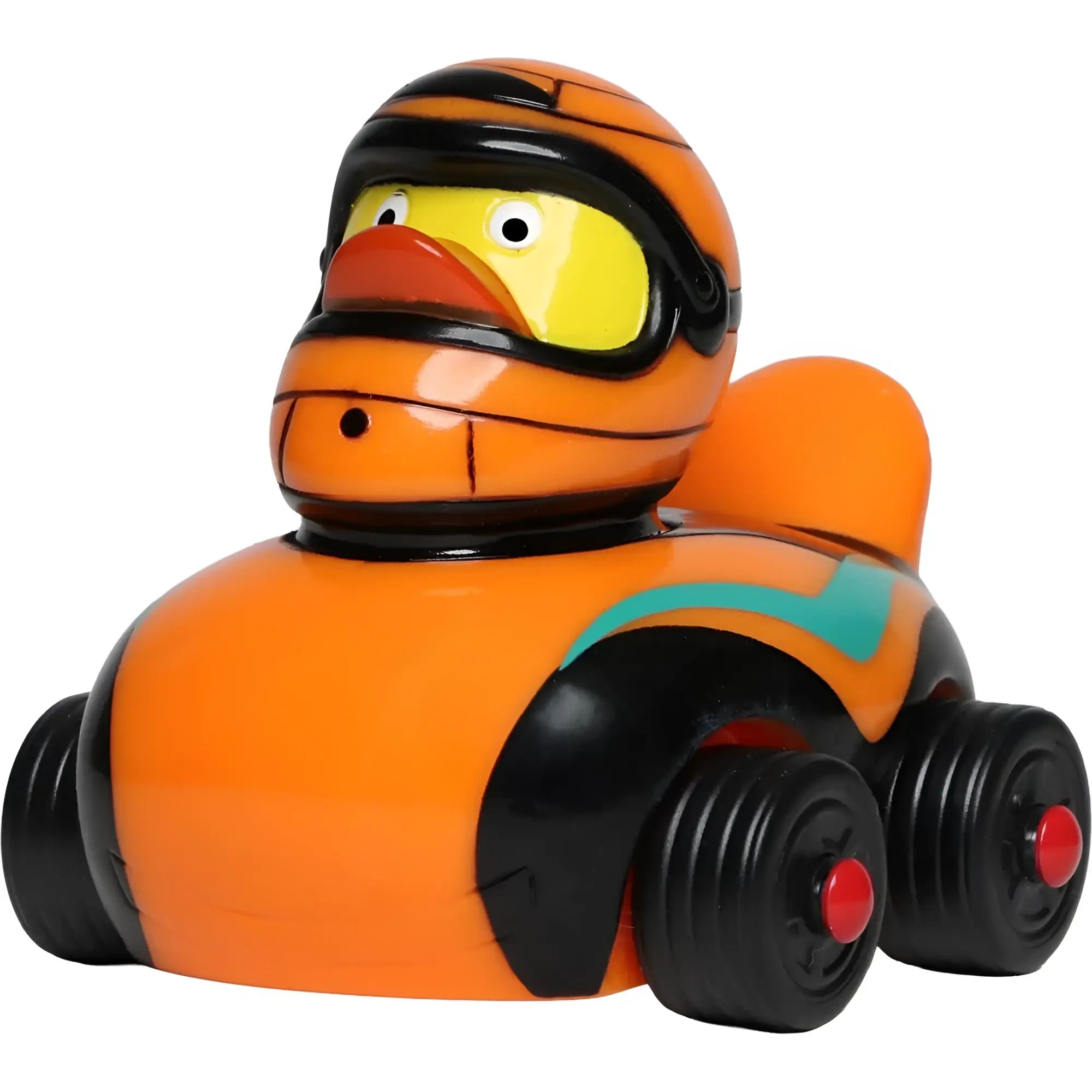 Orange gummiente als rennfahrer mit schwarzem helm und goggles von schnabels badeente ducks on wheels