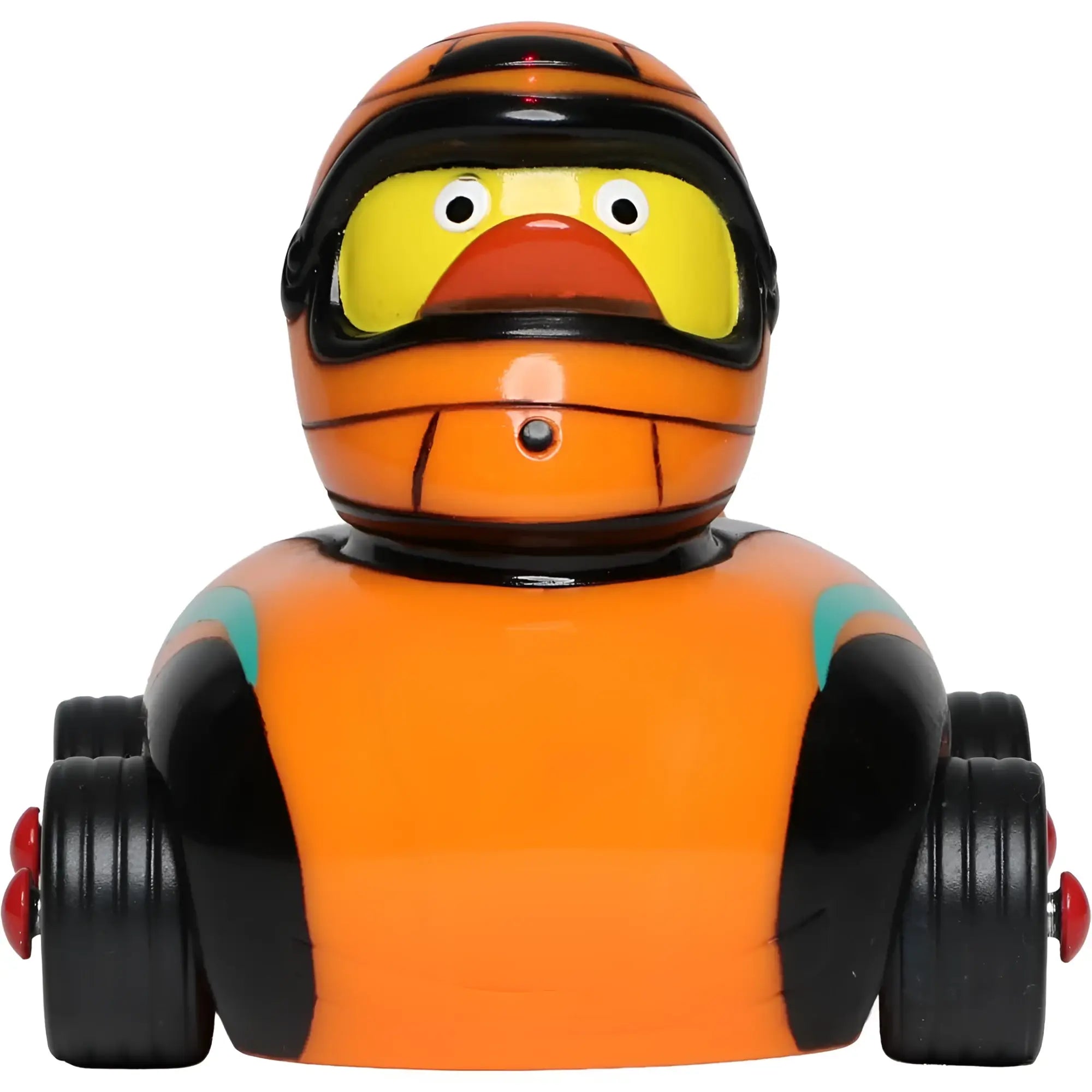 Orange badeente aus gummi mit rennfahrerhelm und rädern von schnabels im produkt ducks on wheels