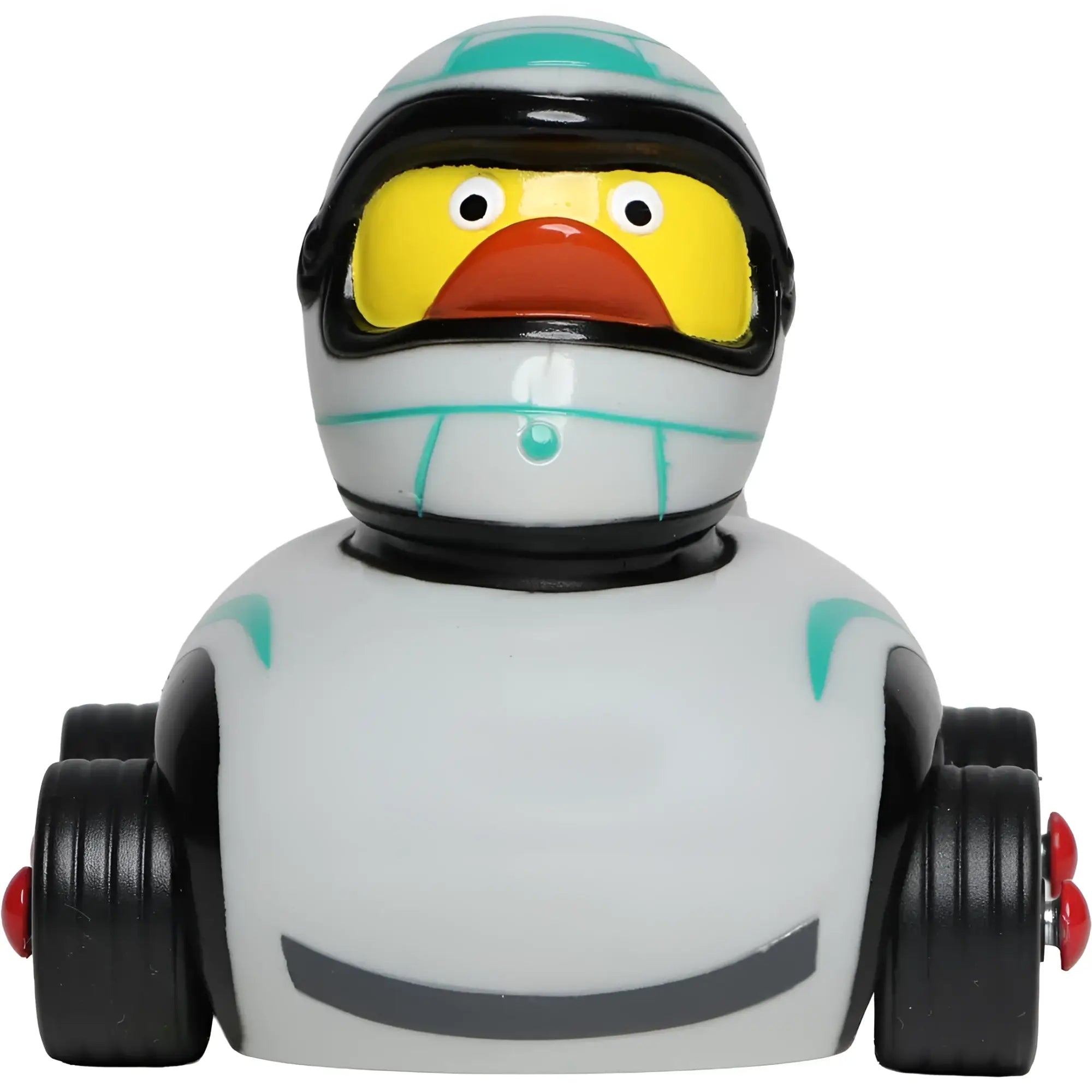 Eine weiße badeente mit schwarzem und Petrolfarben helm und schwarzen rädern als rennfahrer von schnabels in silber