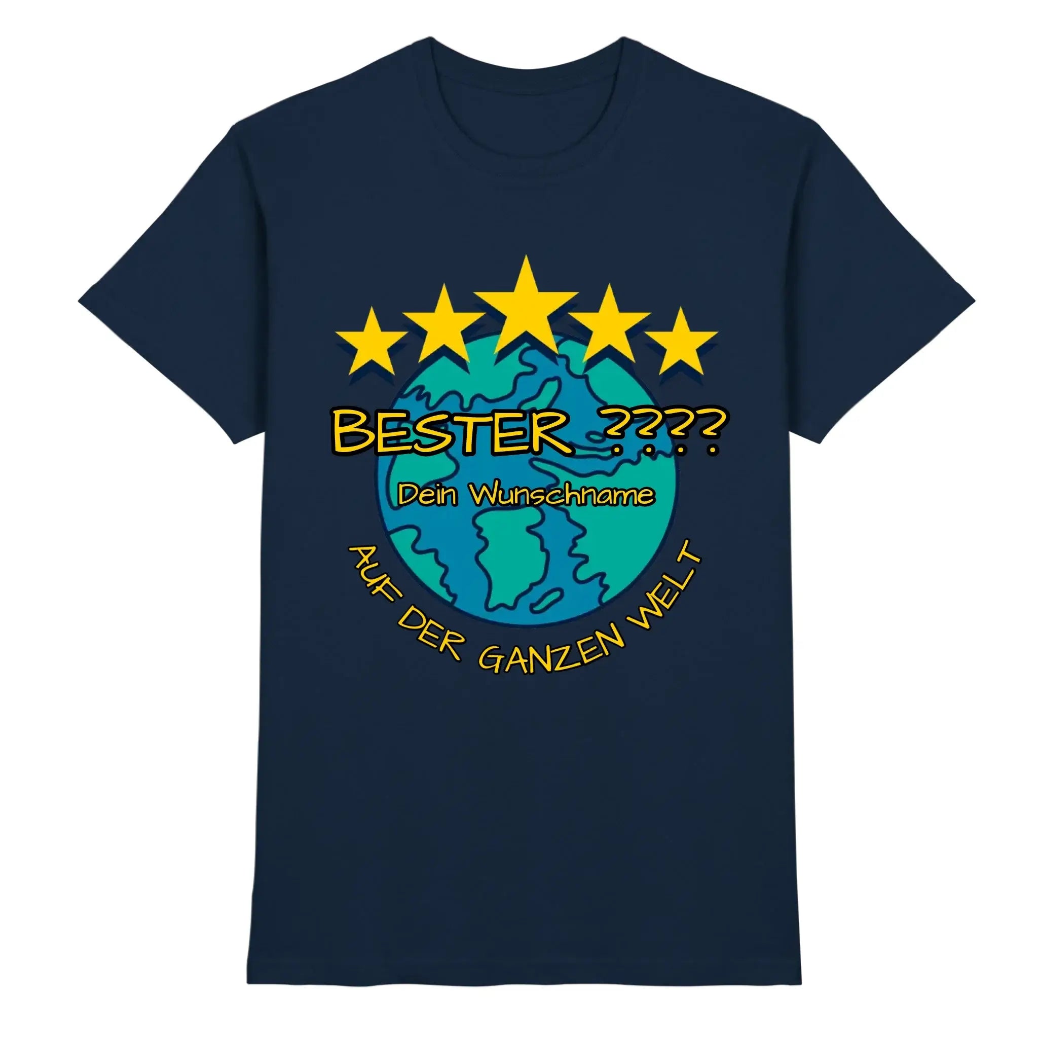 Navy blaue baumwoll t shirt mit teal globe und fünf gelben sternen personalisierbar mit wunschtext bester dein wunschname auf der ganzen welt