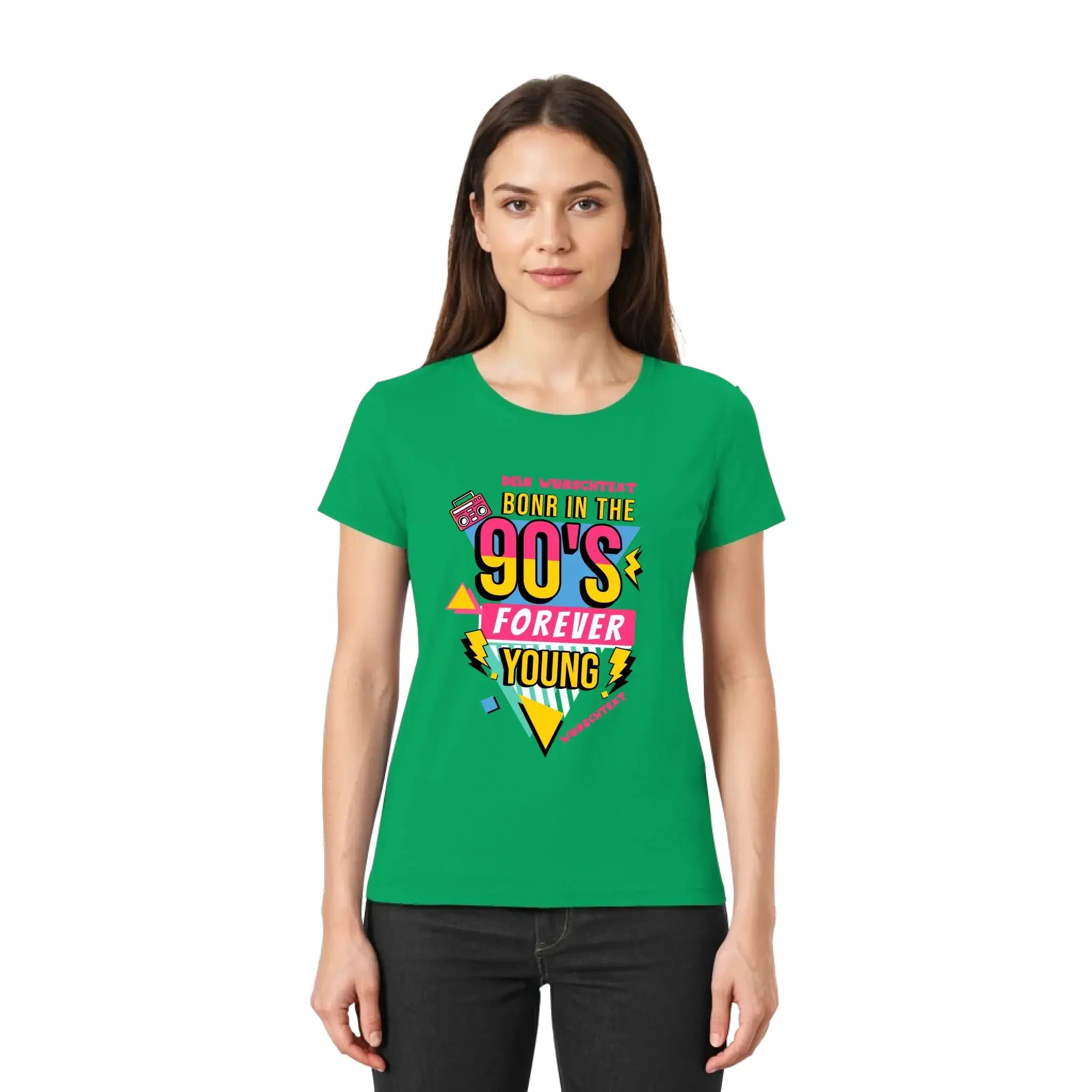 Grünes kurzarmshirt mit buntem 90er jahre retro grafikdesign born in the 90s forever young und geometrischen formen