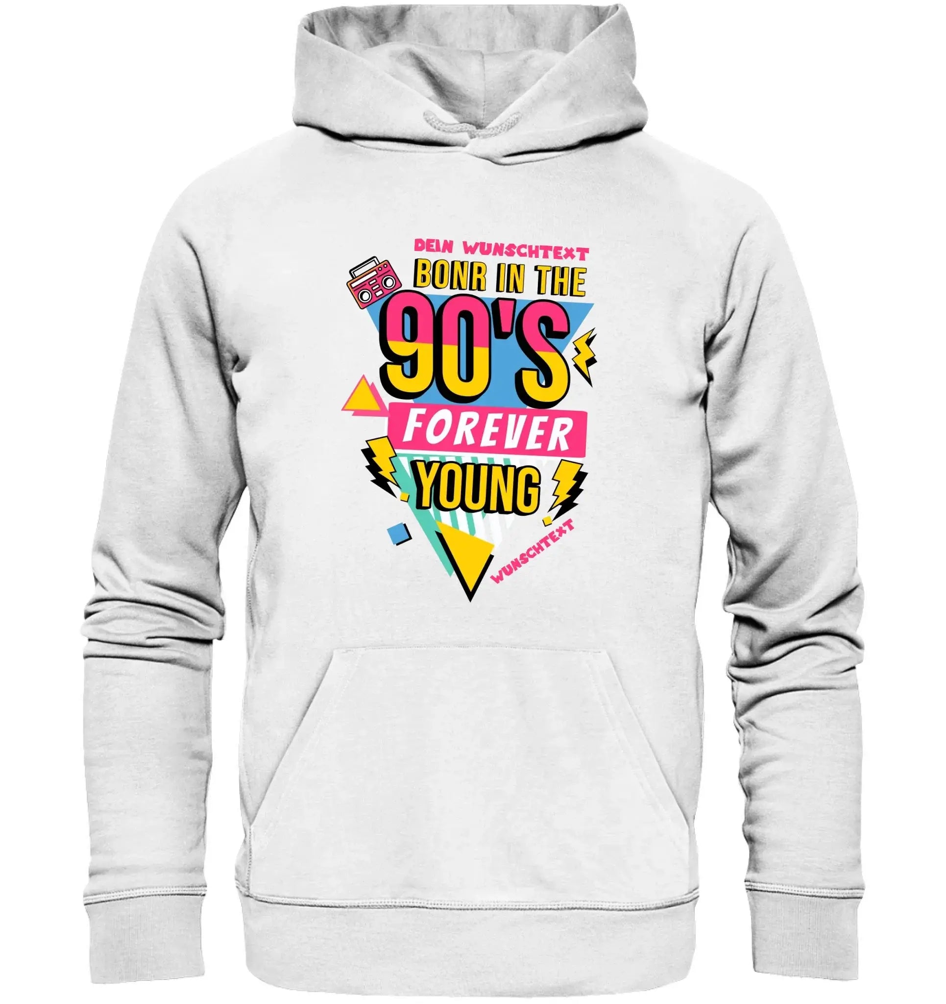 Weißer hoodie mit lebendigem 90er jahre grafikprint in pink gelb und teal aus der boombox statement collection