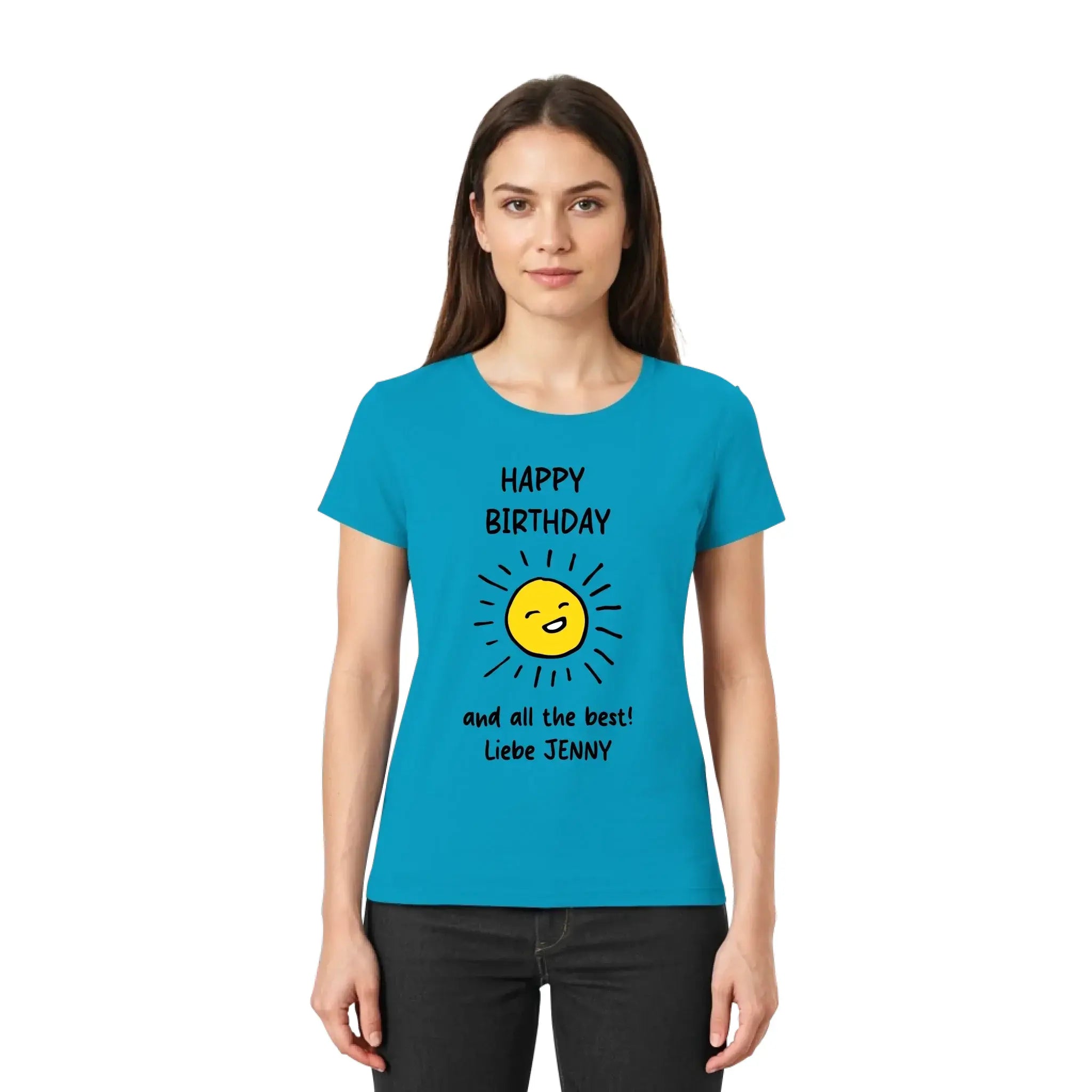 Tealfarbenes damen t-shirt mit kurzem ärmel und fröhlicher gelber sonne happy birthday und liebe jenny text