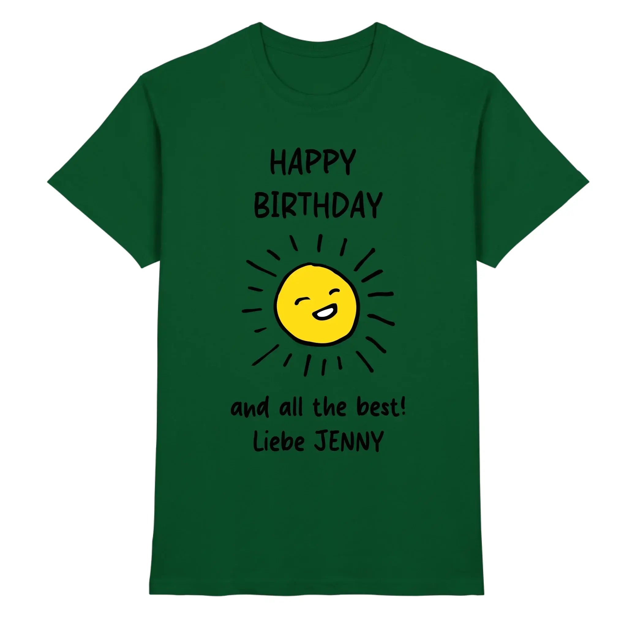Dunkelgrünes baumwollshirt mit fröhlicher gelber sonne und happy birthday text aus der geburtstag motiv 5 verwandte girl kollektion