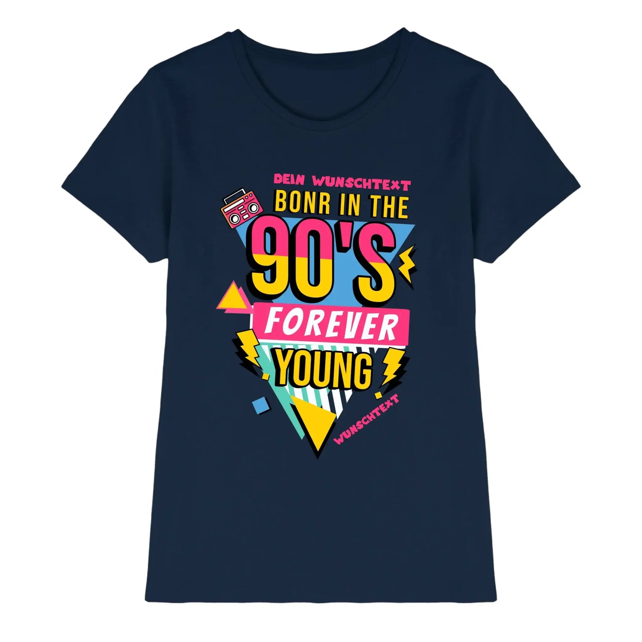 Navyblaues kurzarmshirt mit 90er jahre grafik in gelb und pink und retro boombox aus der statement collection