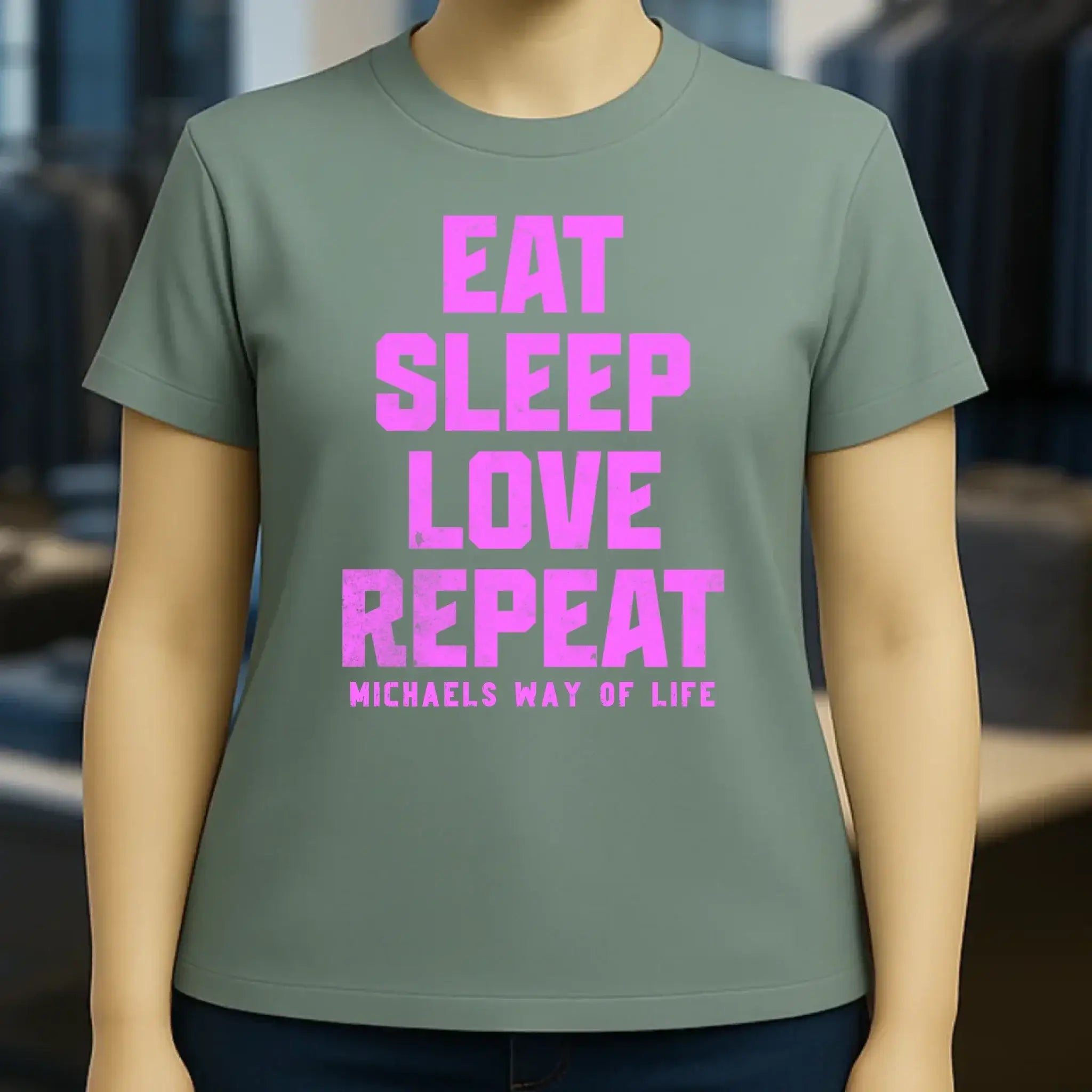 EAT SLEEP LOVE REPEAT + WUNSCHTEXT • Ladies Premium T-Shirt XS-2XL aus Bio-Baumwolle für Damen • Exklusivdesign • personalisiert