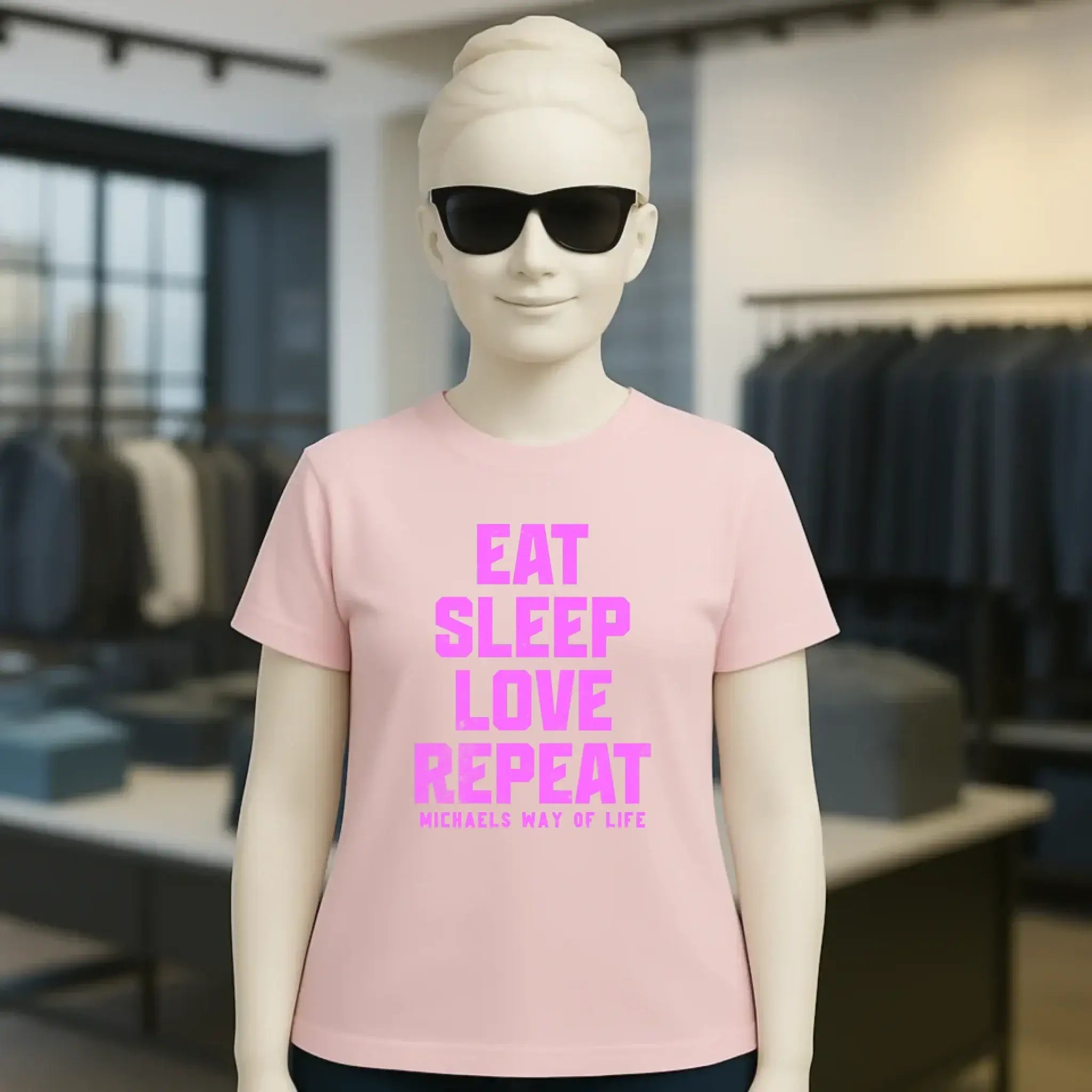 EAT SLEEP LOVE REPEAT + WUNSCHTEXT • Ladies Premium T-Shirt XS-2XL aus Bio-Baumwolle für Damen • Exklusivdesign • personalisiert