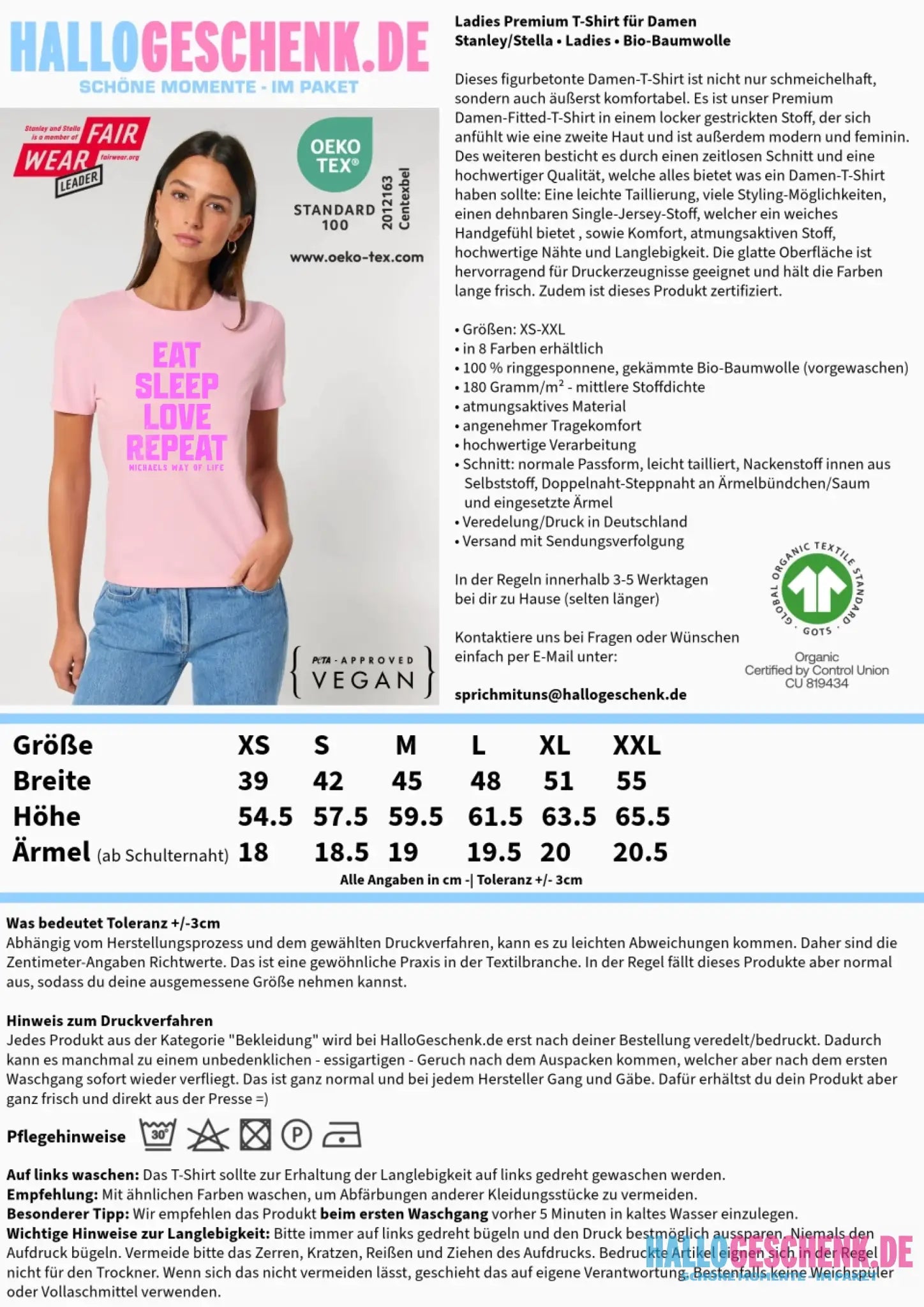 EAT SLEEP LOVE REPEAT + WUNSCHTEXT • Ladies Premium T-Shirt XS-2XL aus Bio-Baumwolle für Damen • Exklusivdesign • personalisiert