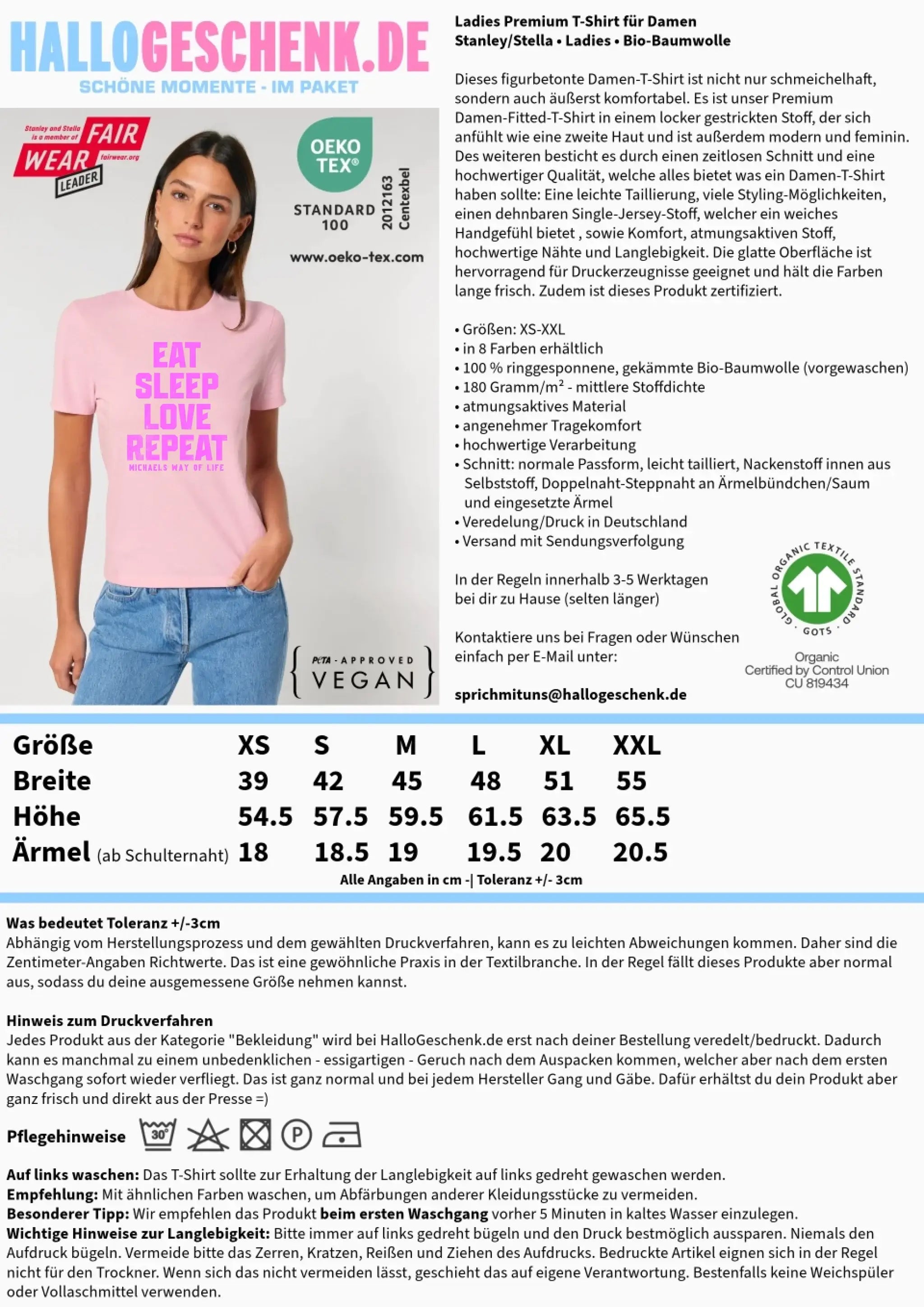 EAT SLEEP LOVE REPEAT + WUNSCHTEXT • Ladies Premium T-Shirt XS-2XL aus Bio-Baumwolle für Damen • Exklusivdesign • personalisiert