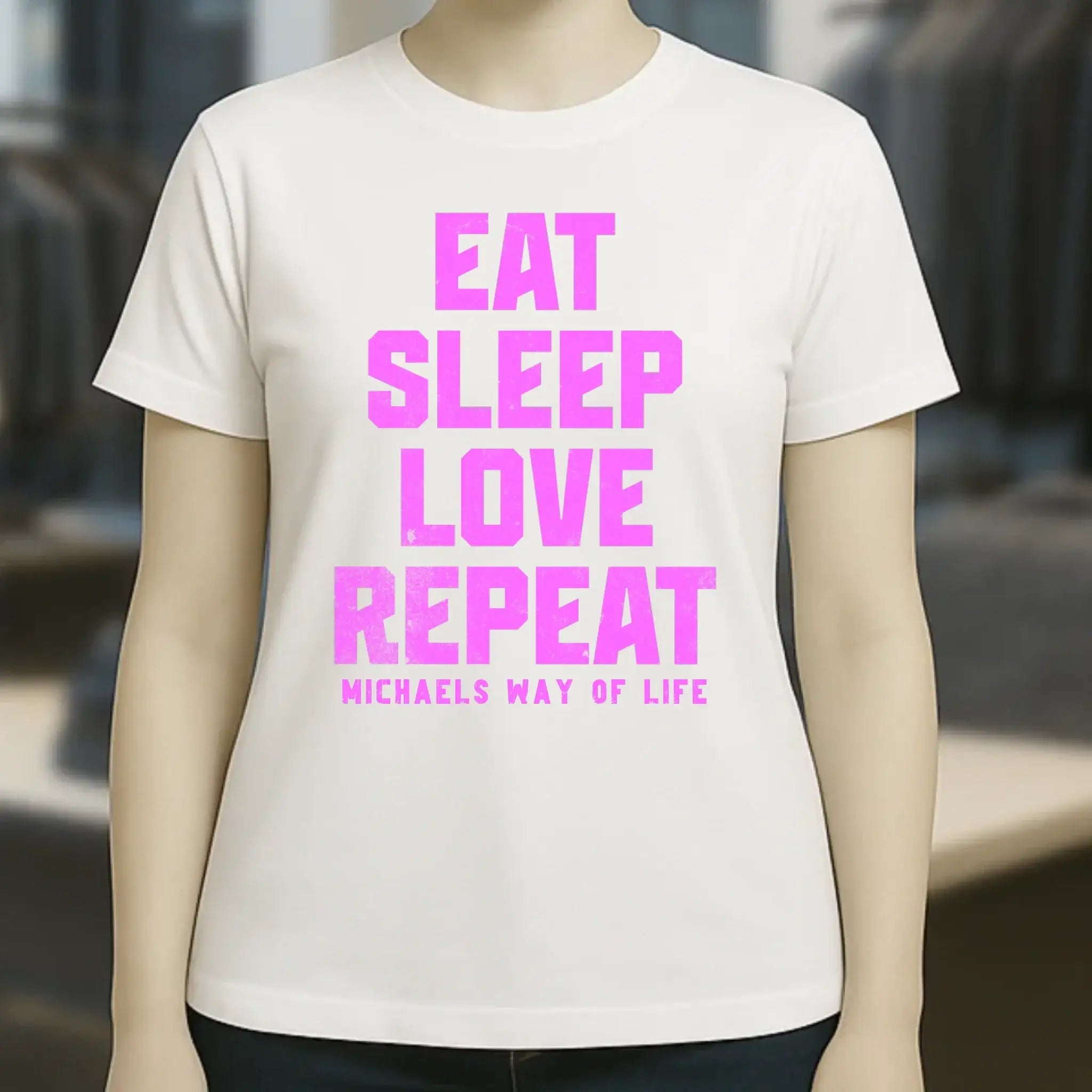 EAT SLEEP LOVE REPEAT + WUNSCHTEXT • Ladies Premium T-Shirt XS-2XL aus Bio-Baumwolle für Damen • Exklusivdesign • personalisiert