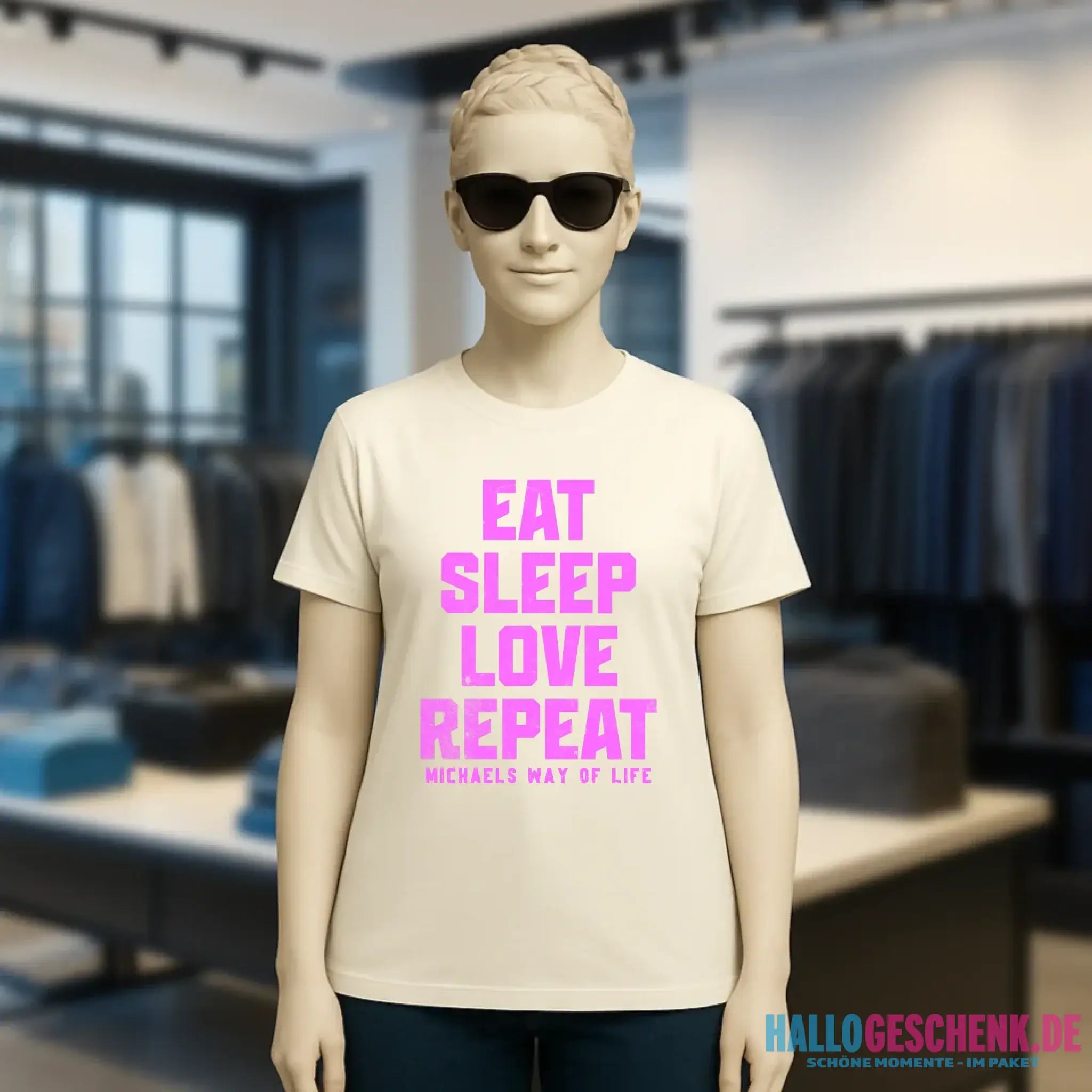 EAT SLEEP LOVE REPEAT + WUNSCHTEXT • Ladies Premium T-Shirt XS-2XL aus Bio-Baumwolle für Damen • Exklusivdesign • personalisiert