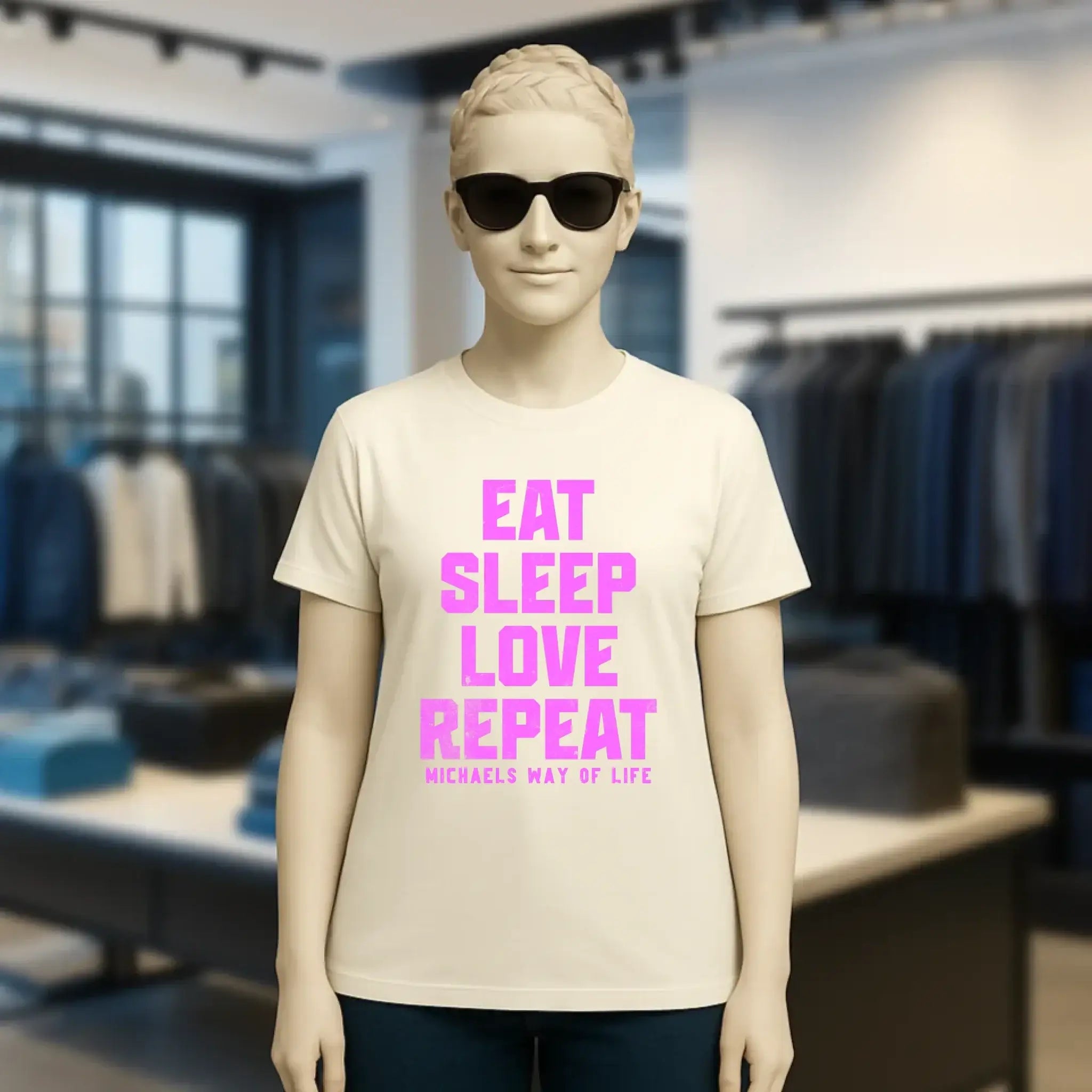 EAT SLEEP LOVE REPEAT + WUNSCHTEXT • Ladies Premium T-Shirt XS-2XL aus Bio-Baumwolle für Damen • Exklusivdesign • personalisiert