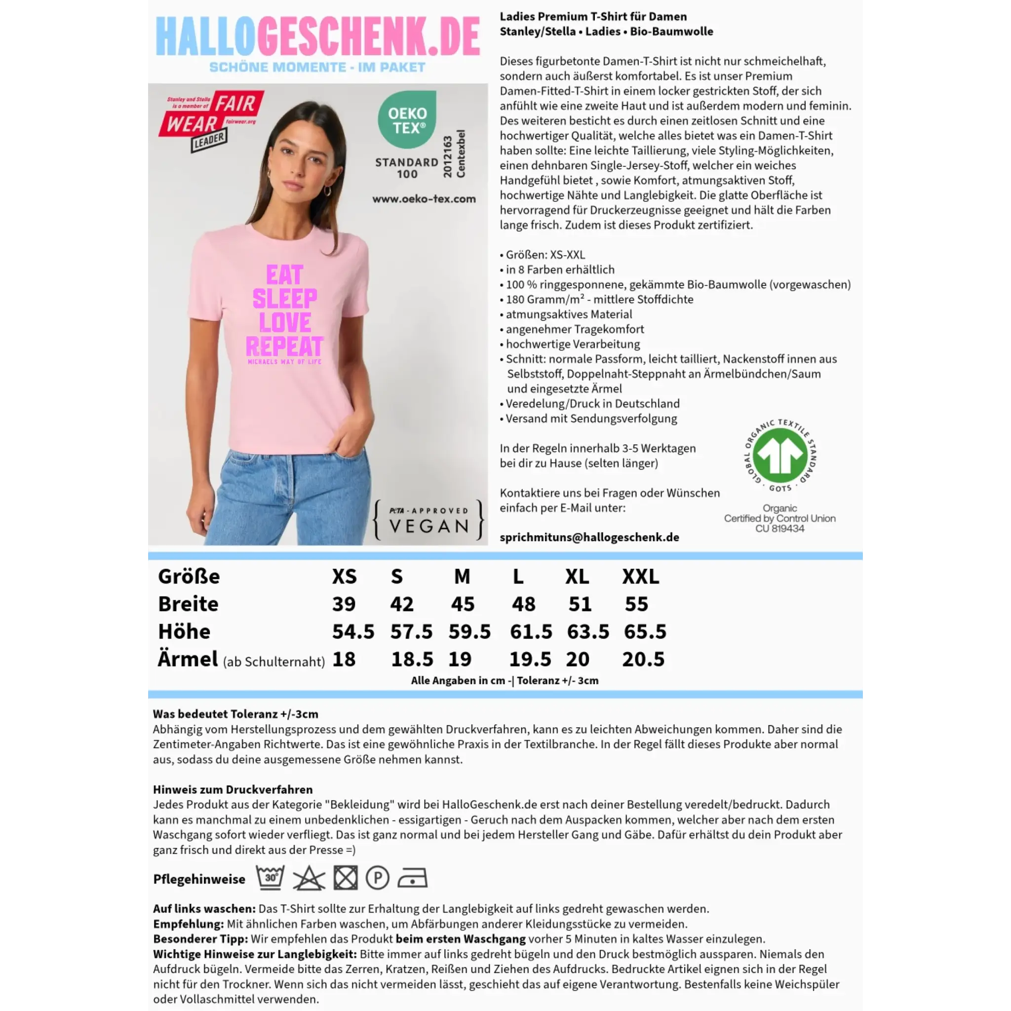 EAT SLEEP LOVE REPEAT + WUNSCHTEXT • Ladies Premium T-Shirt XS-2XL aus Bio-Baumwolle für Damen • Exklusivdesign • personalisiert