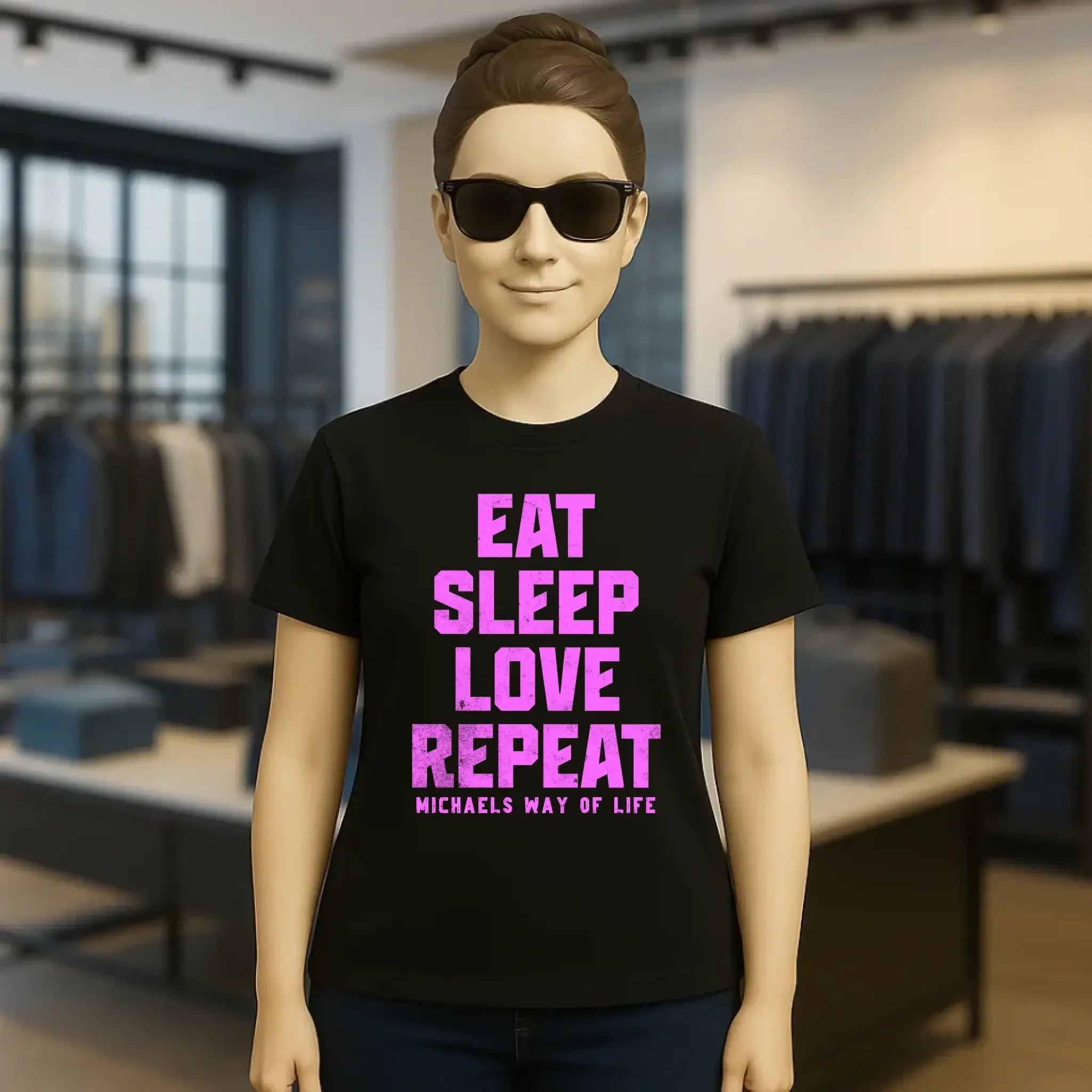 EAT SLEEP LOVE REPEAT + WUNSCHTEXT • Ladies Premium T-Shirt XS-2XL aus Bio-Baumwolle für Damen • Exklusivdesign • personalisiert