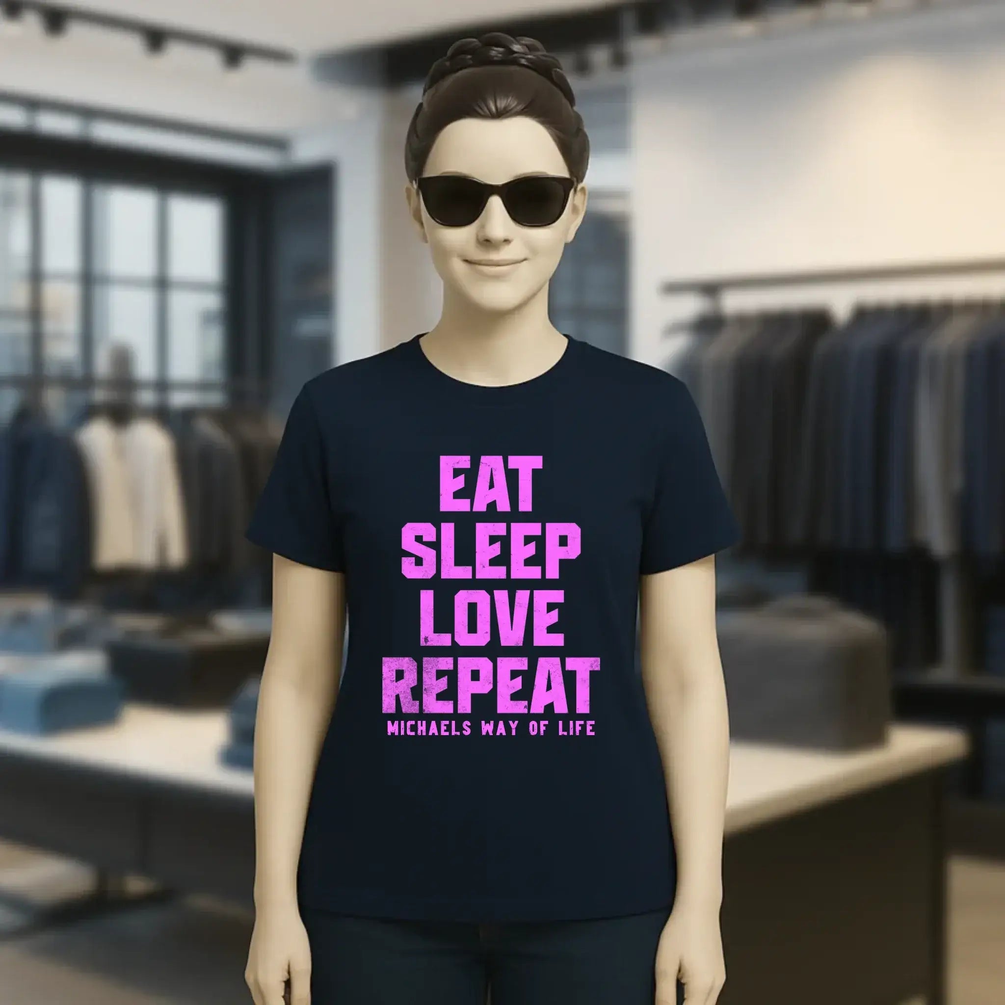 EAT SLEEP LOVE REPEAT + WUNSCHTEXT • Ladies Premium T-Shirt XS-2XL aus Bio-Baumwolle für Damen • Exklusivdesign • personalisiert