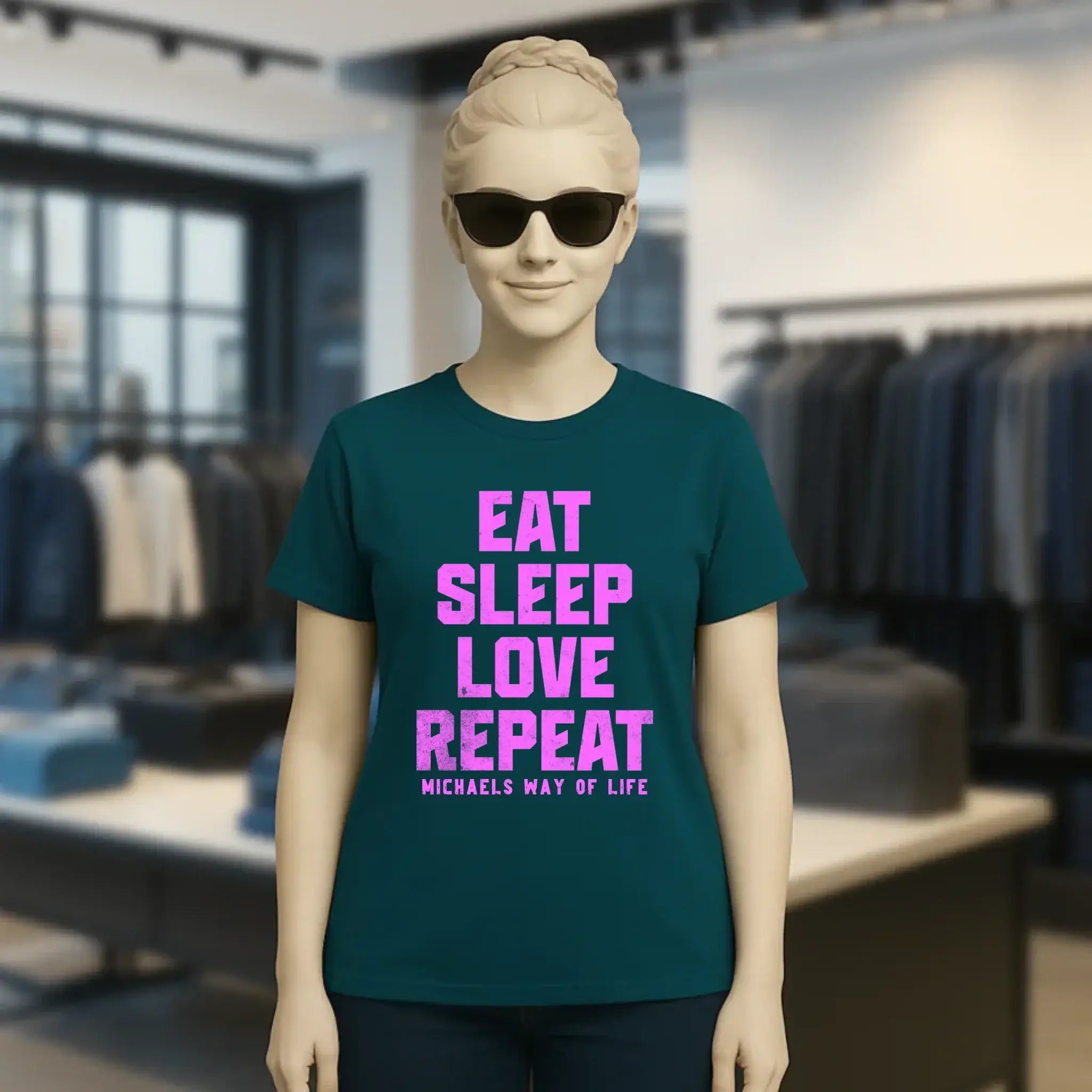 EAT SLEEP LOVE REPEAT + WUNSCHTEXT • Ladies Premium T-Shirt XS-2XL aus Bio-Baumwolle für Damen • Exklusivdesign • personalisiert
