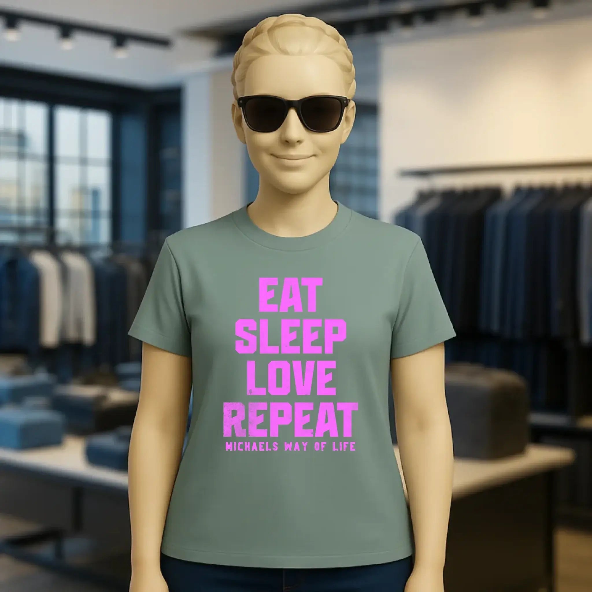 EAT SLEEP LOVE REPEAT + WUNSCHTEXT • Ladies Premium T-Shirt XS-2XL aus Bio-Baumwolle für Damen • Exklusivdesign • personalisiert