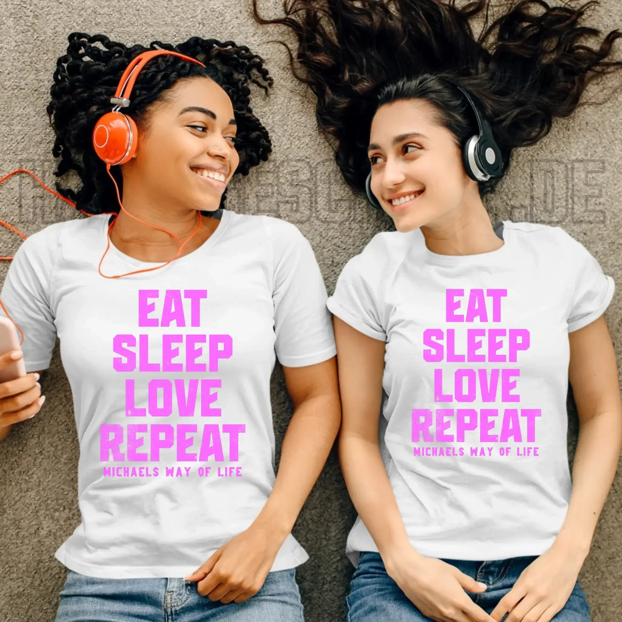 EAT SLEEP LOVE REPEAT + WUNSCHTEXT • Ladies Premium T-Shirt XS-2XL aus Bio-Baumwolle für Damen • Exklusivdesign • personalisiert