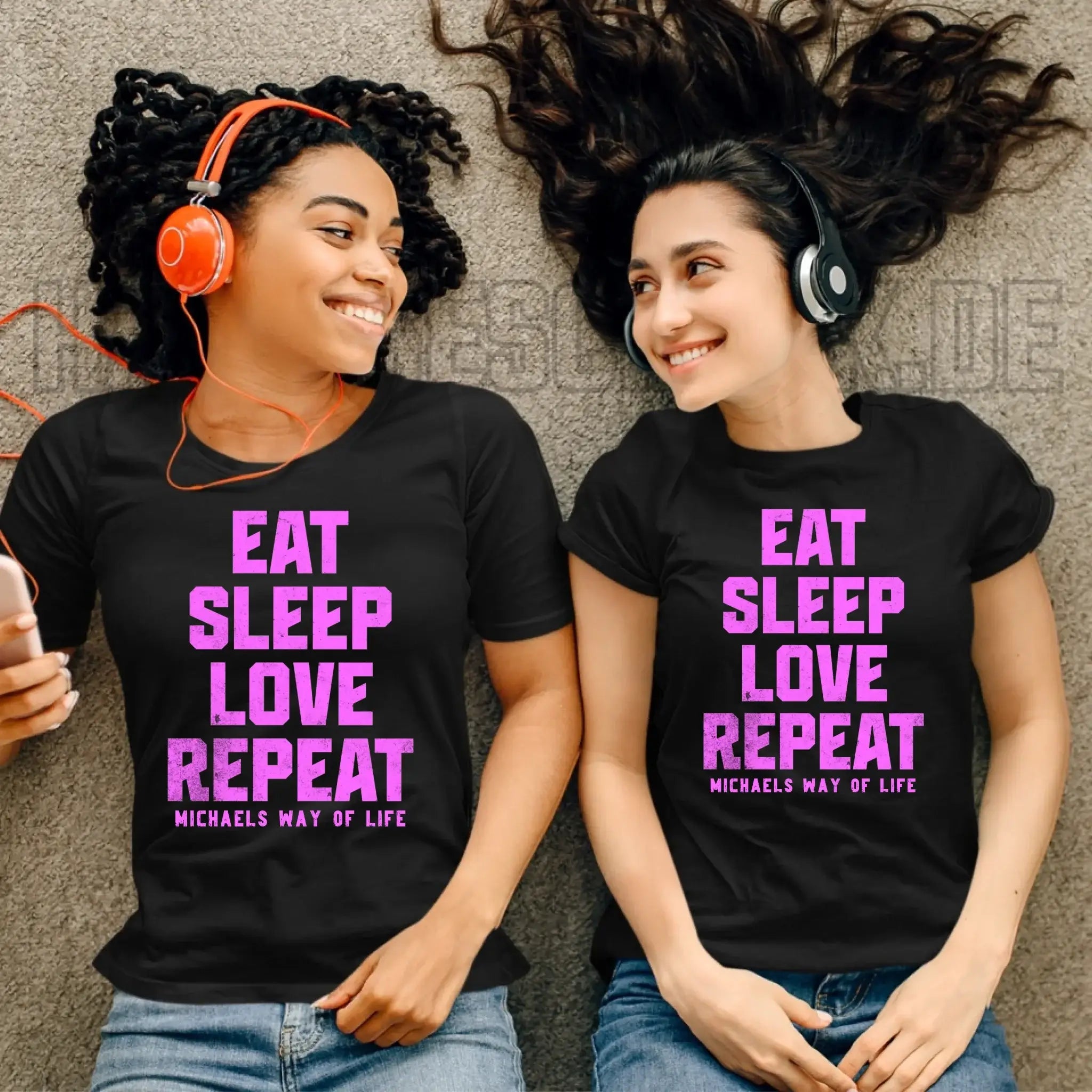 EAT SLEEP LOVE REPEAT + WUNSCHTEXT • Ladies Premium T-Shirt XS-2XL aus Bio-Baumwolle für Damen • Exklusivdesign • personalisiert