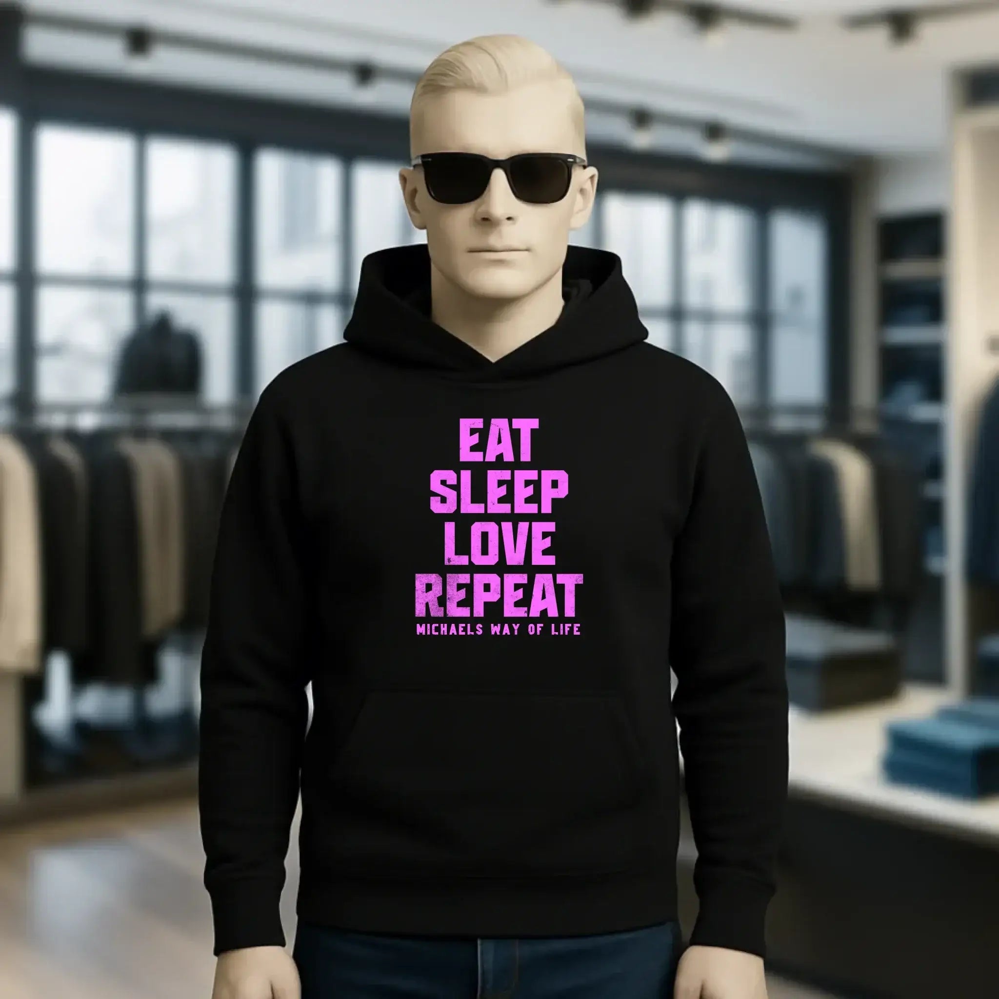 EAT SLEEP LOVE REPEAT + WUNSCHTEXT • Unisex Premium Hoodie XS-5XL aus Bio-Baumwolle für Damen & Herren • Exklusivdesign • personalisiert