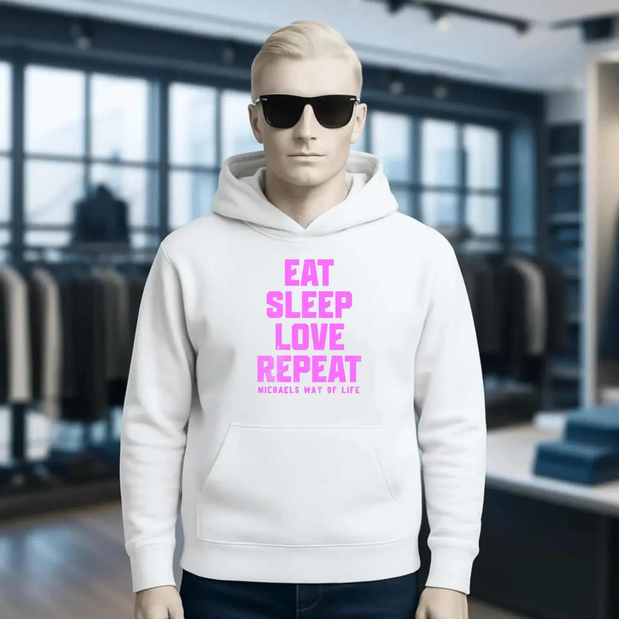 EAT SLEEP LOVE REPEAT + WUNSCHTEXT • Unisex Premium Hoodie XS-5XL aus Bio-Baumwolle für Damen & Herren • Exklusivdesign • personalisiert