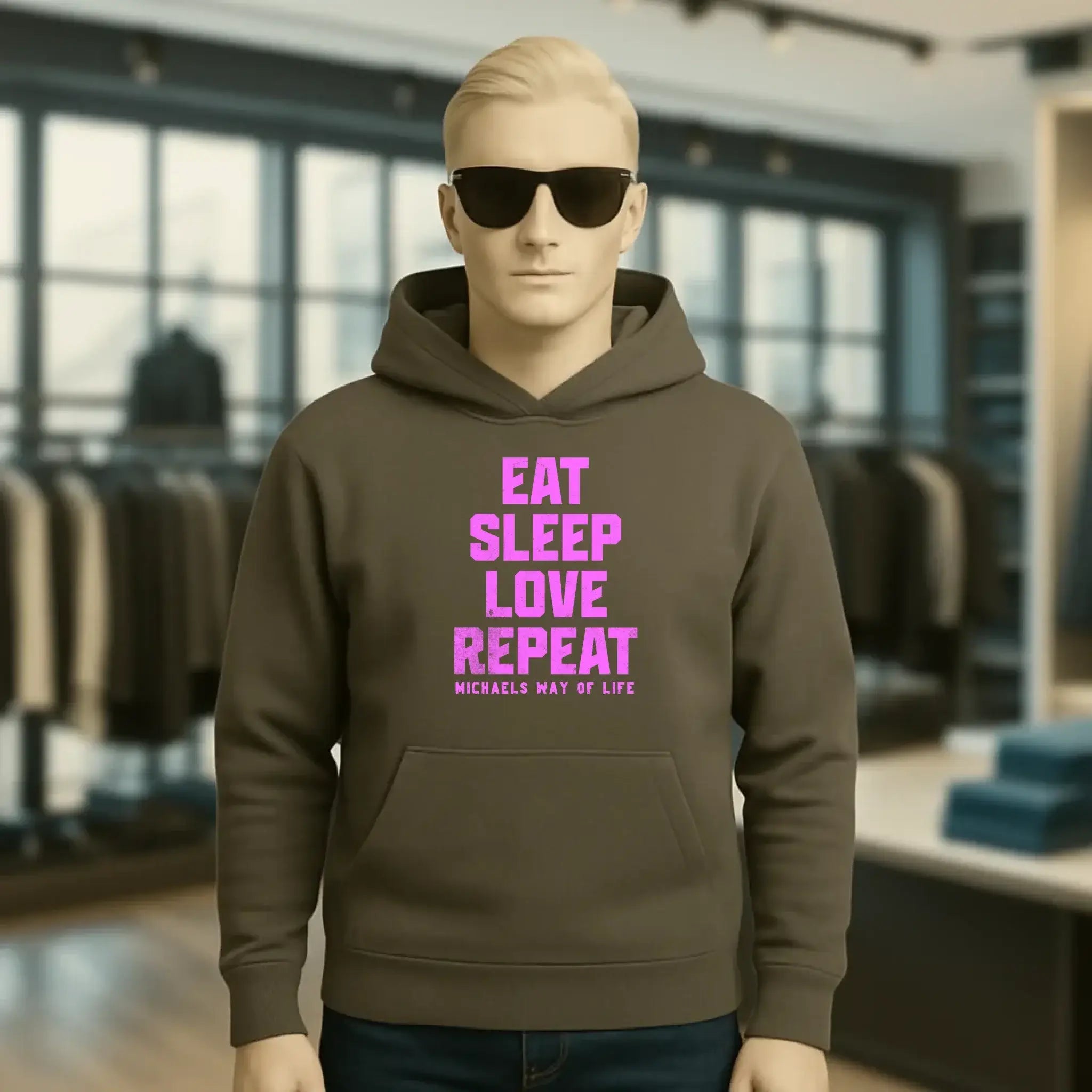 EAT SLEEP LOVE REPEAT + WUNSCHTEXT • Unisex Premium Hoodie XS-5XL aus Bio-Baumwolle für Damen & Herren • Exklusivdesign • personalisiert