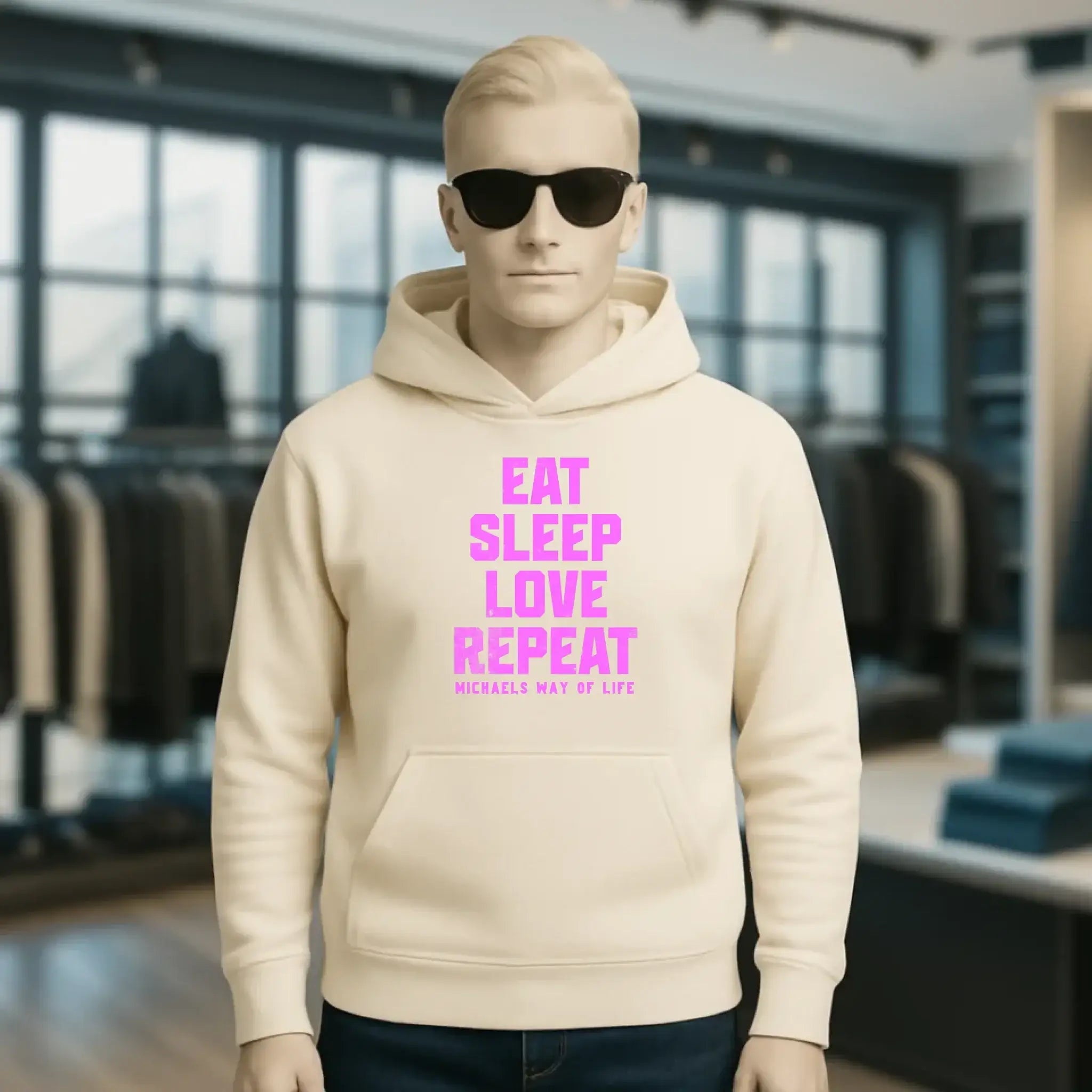 EAT SLEEP LOVE REPEAT + WUNSCHTEXT • Unisex Premium Hoodie XS-5XL aus Bio-Baumwolle für Damen & Herren • Exklusivdesign • personalisiert