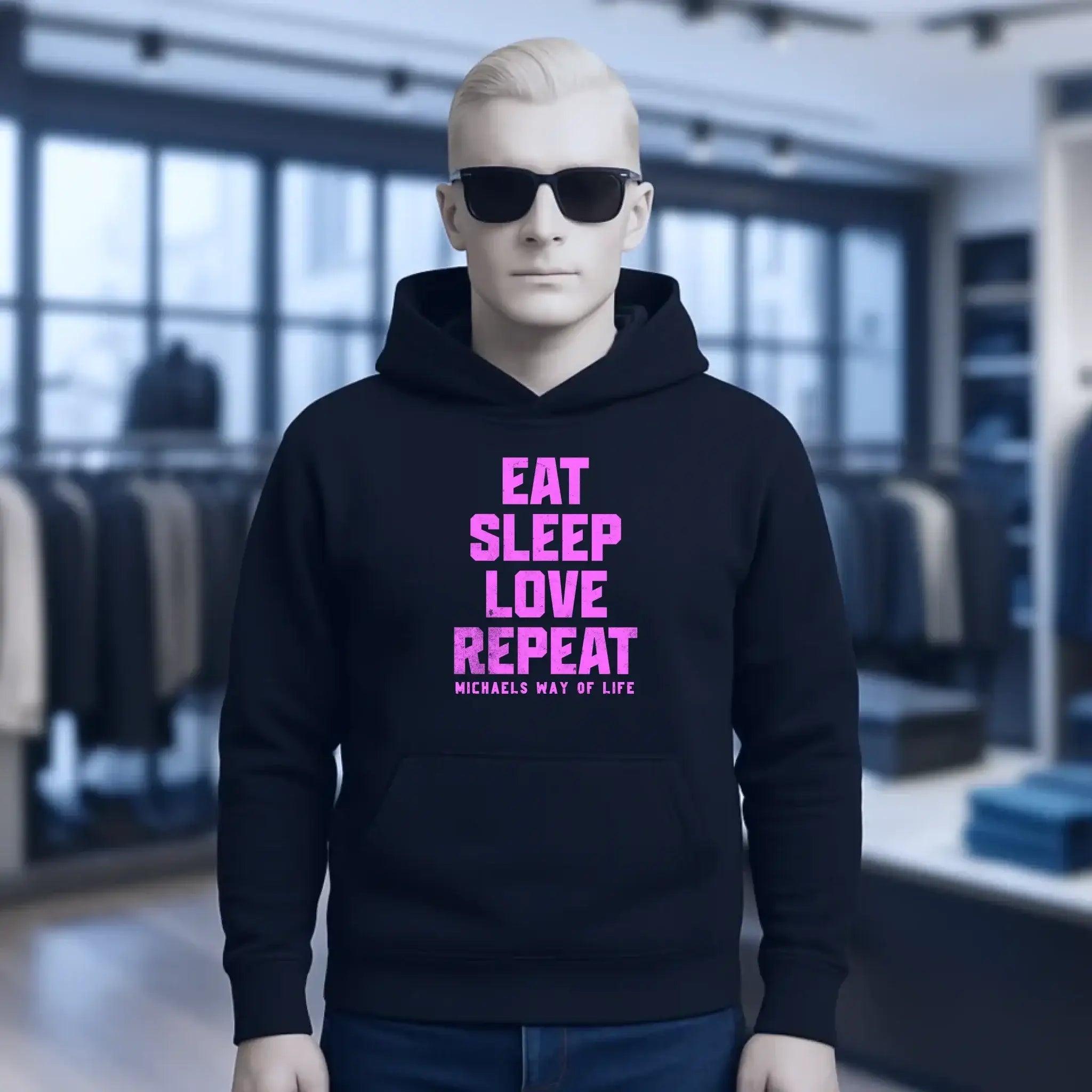 EAT SLEEP LOVE REPEAT + WUNSCHTEXT • Unisex Premium Hoodie XS-5XL aus Bio-Baumwolle für Damen & Herren • Exklusivdesign • personalisiert