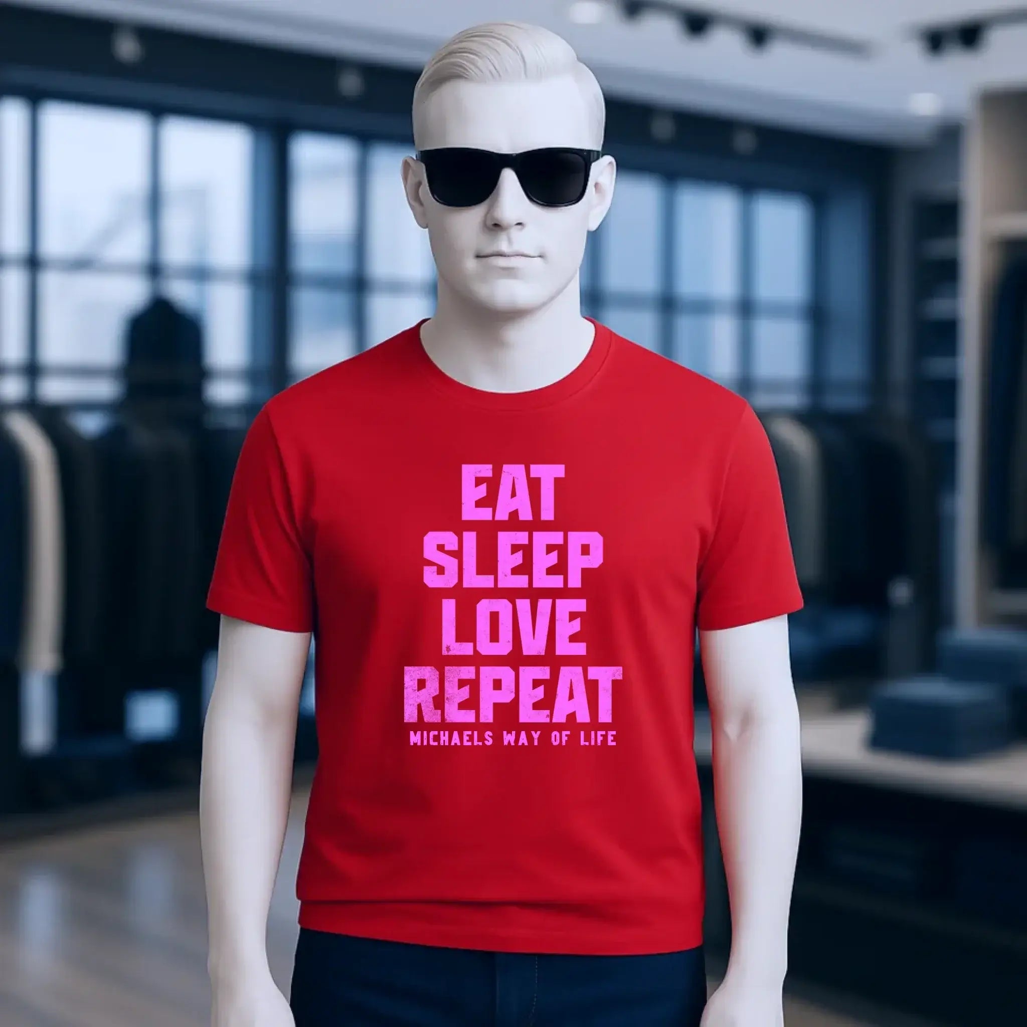 EAT SLEEP LOVE REPEAT + WUNSCHTEXT • Unisex Premium T-Shirt XS-5XL aus Bio-Baumwolle für Damen & Herren • Exklusivdesign • personalisiert