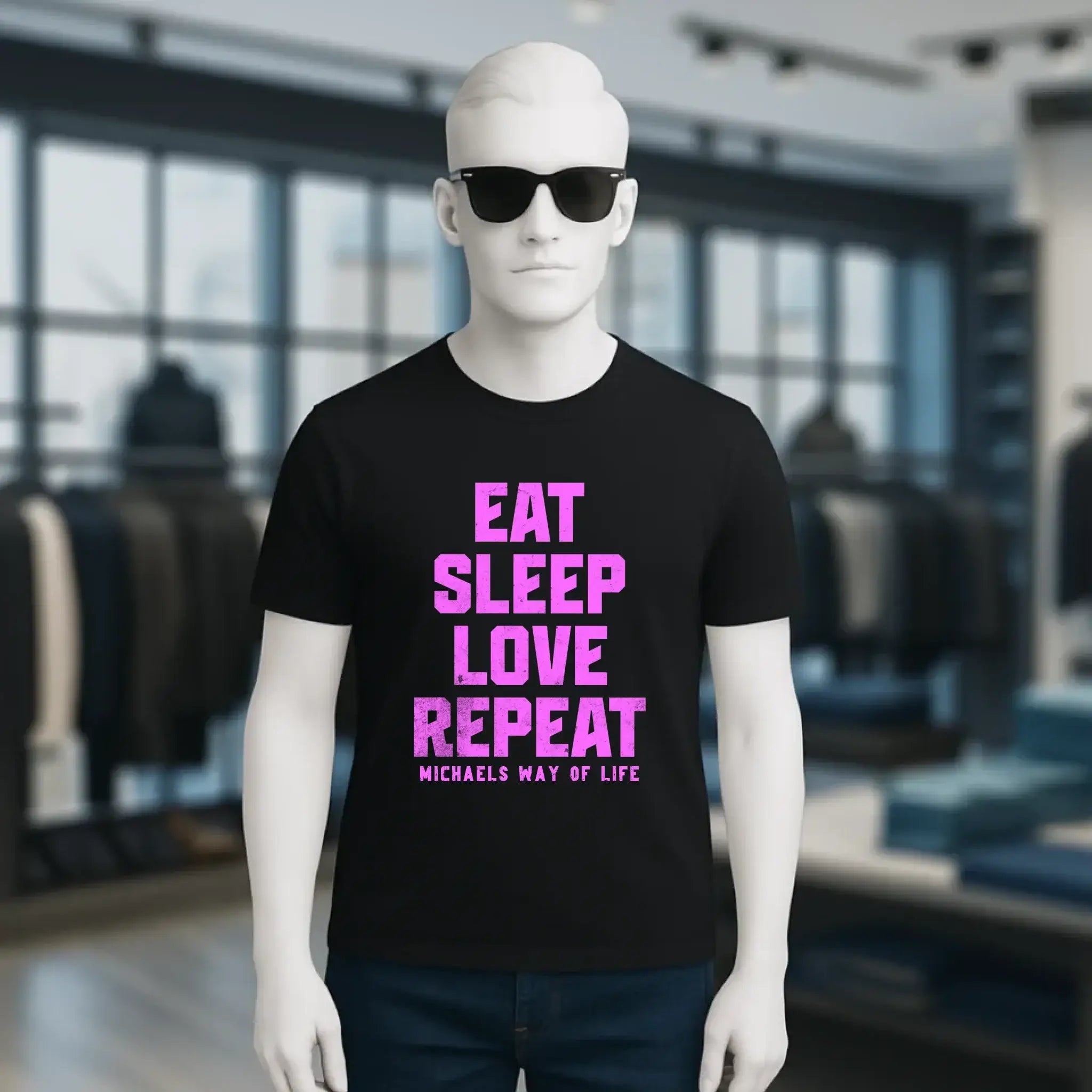 EAT SLEEP LOVE REPEAT + WUNSCHTEXT • Unisex Premium T-Shirt XS-5XL aus Bio-Baumwolle für Damen & Herren • Exklusivdesign • personalisiert