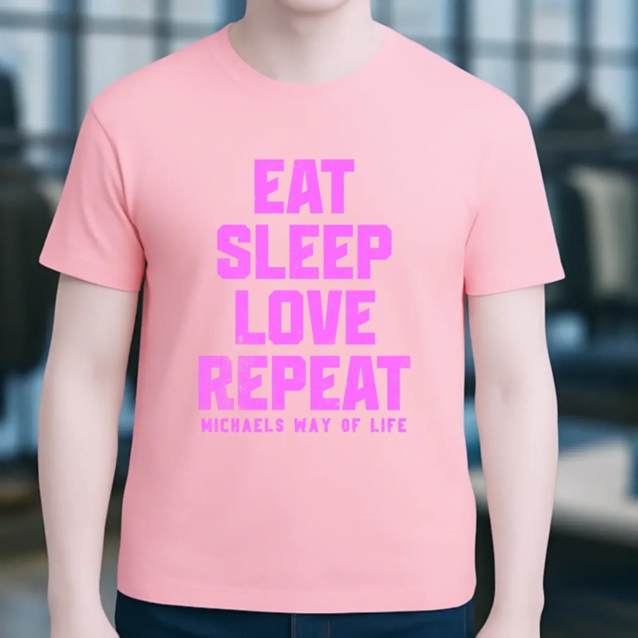 EAT SLEEP LOVE REPEAT + WUNSCHTEXT • Unisex Premium T-Shirt XS-5XL aus Bio-Baumwolle für Damen & Herren • Exklusivdesign • personalisiert