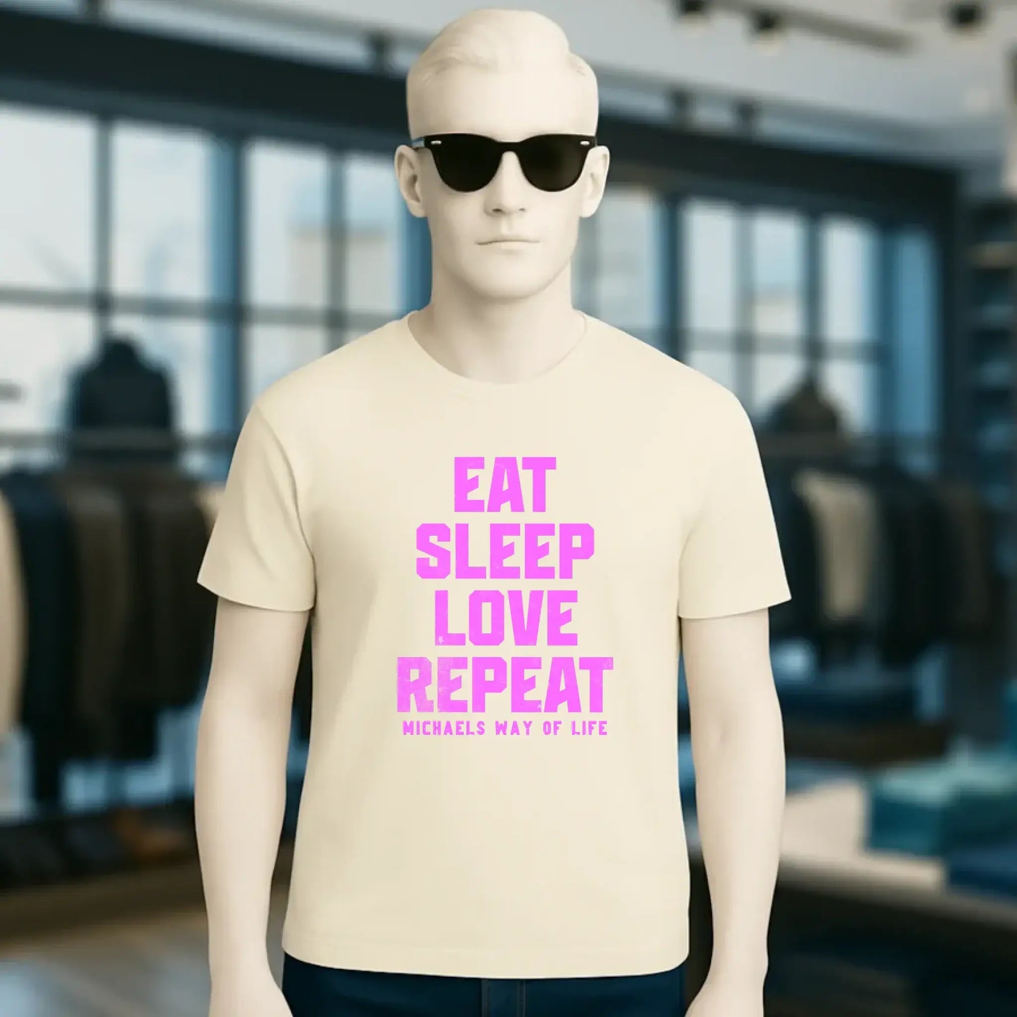 EAT SLEEP LOVE REPEAT + WUNSCHTEXT • Unisex Premium T-Shirt XS-5XL aus Bio-Baumwolle für Damen & Herren • Exklusivdesign • personalisiert