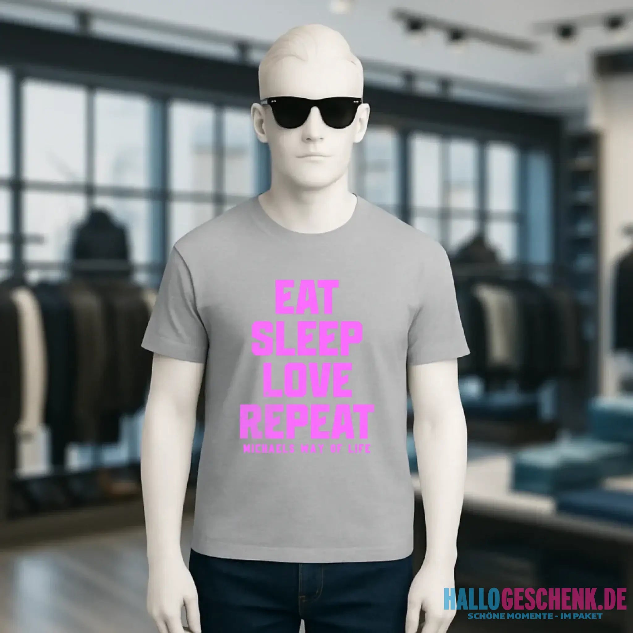 EAT SLEEP LOVE REPEAT + WUNSCHTEXT • Unisex Premium T-Shirt XS-5XL aus Bio-Baumwolle für Damen & Herren • Exklusivdesign • personalisiert