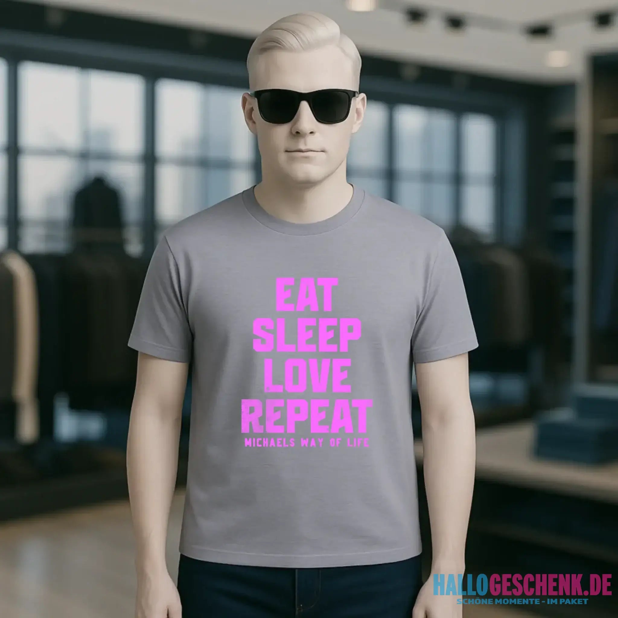 EAT SLEEP LOVE REPEAT + WUNSCHTEXT • Unisex Premium T-Shirt XS-5XL aus Bio-Baumwolle für Damen & Herren • Exklusivdesign • personalisiert