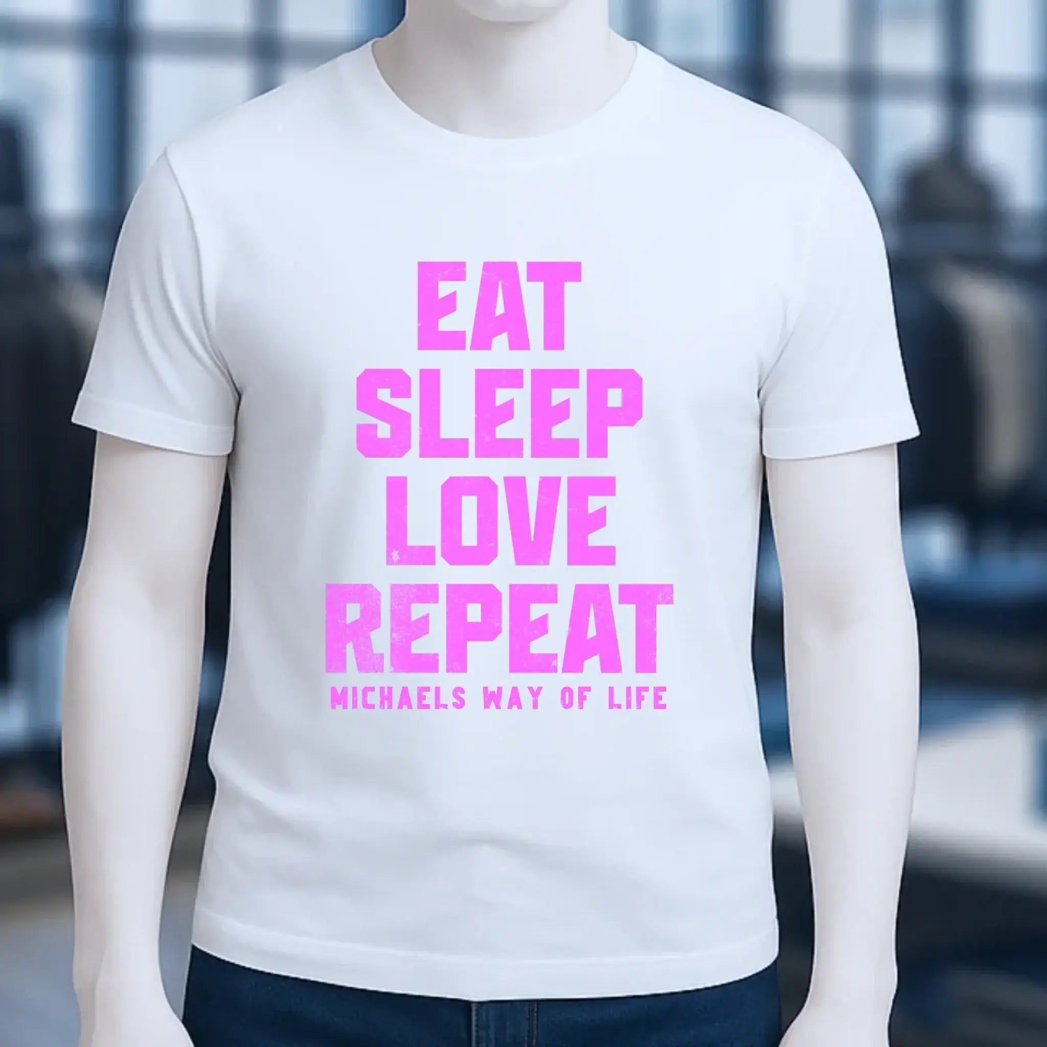 EAT SLEEP LOVE REPEAT + WUNSCHTEXT • Unisex Premium T-Shirt XS-5XL aus Bio-Baumwolle für Damen & Herren • Exklusivdesign • personalisiert