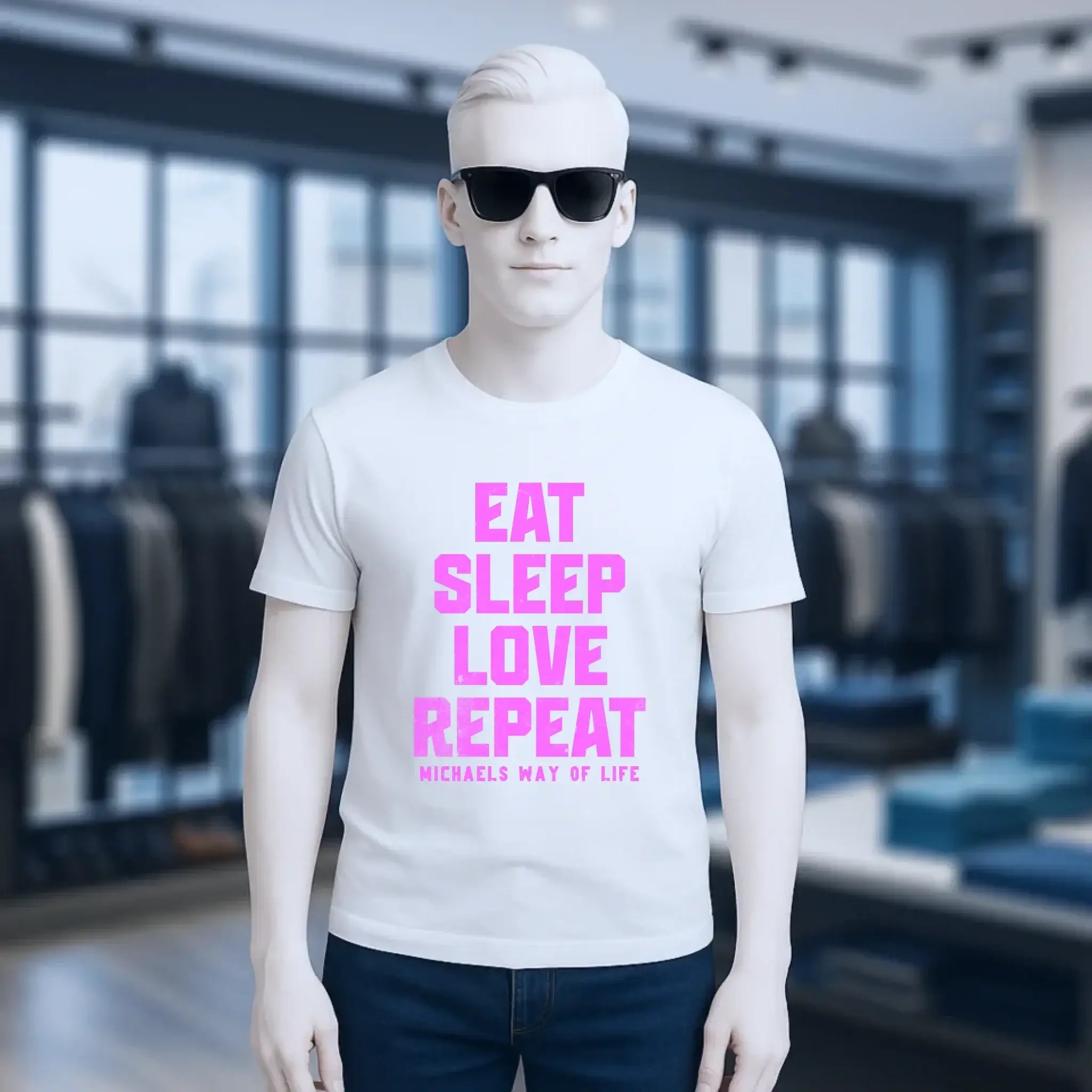 EAT SLEEP LOVE REPEAT + WUNSCHTEXT • Unisex Premium T-Shirt XS-5XL aus Bio-Baumwolle für Damen & Herren • Exklusivdesign • personalisiert