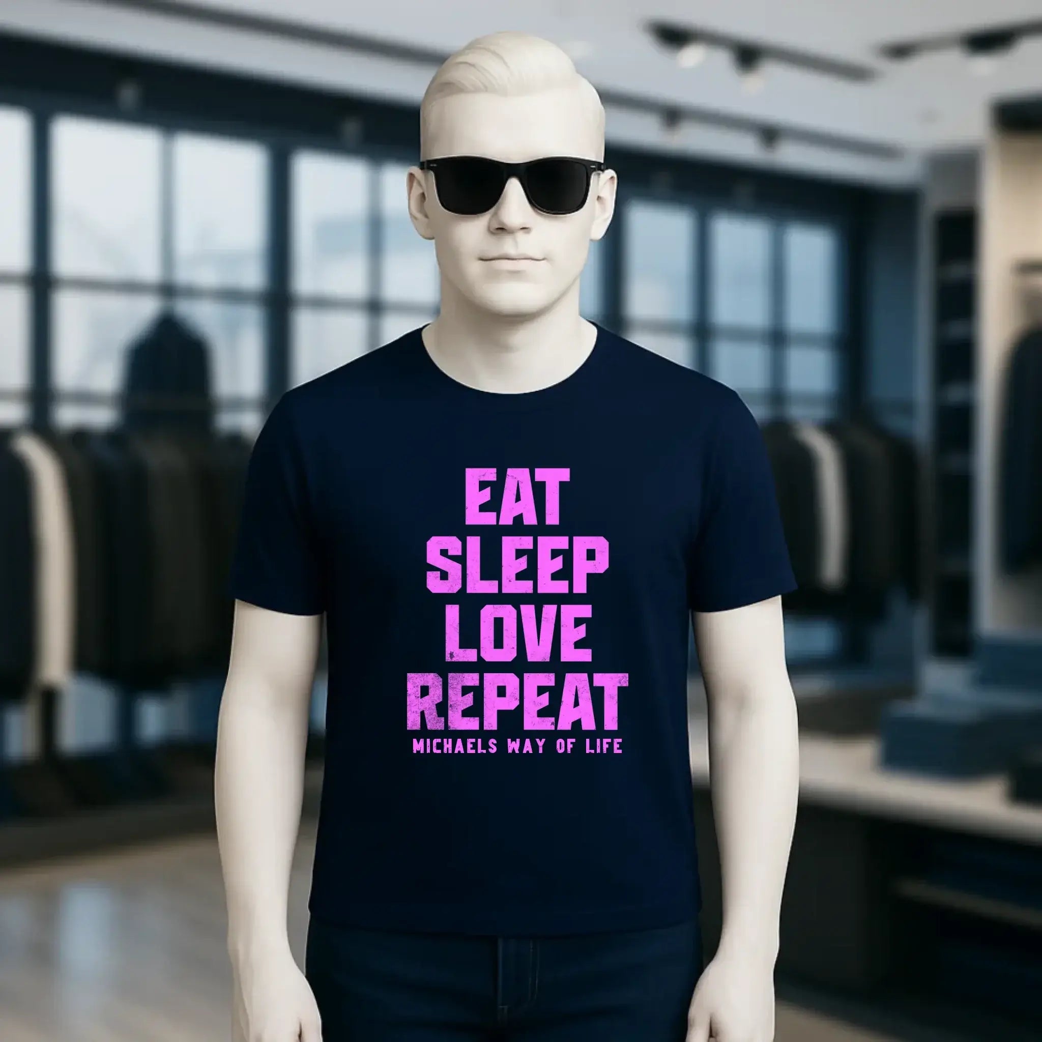 EAT SLEEP LOVE REPEAT + WUNSCHTEXT • Unisex Premium T-Shirt XS-5XL aus Bio-Baumwolle für Damen & Herren • Exklusivdesign • personalisiert