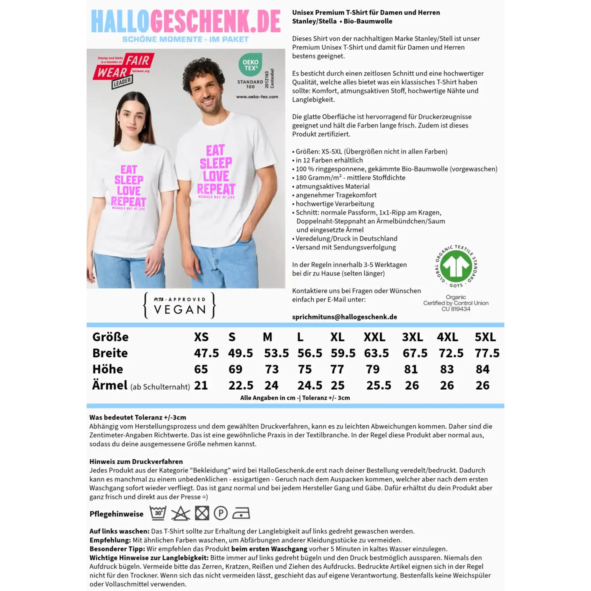 EAT SLEEP LOVE REPEAT + WUNSCHTEXT • Unisex Premium T-Shirt XS-5XL aus Bio-Baumwolle für Damen & Herren • Exklusivdesign • personalisiert