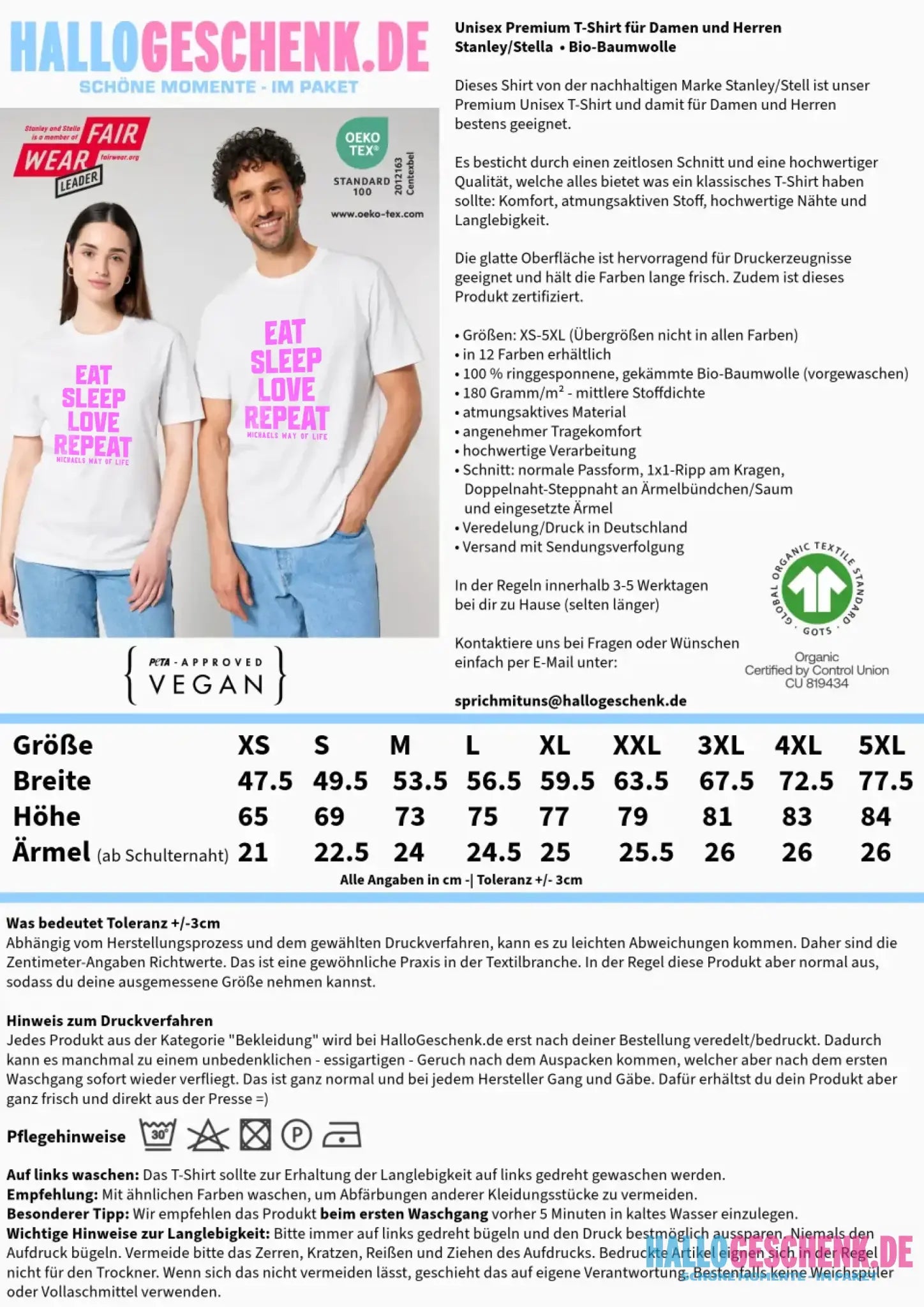 EAT SLEEP LOVE REPEAT + WUNSCHTEXT • Unisex Premium T-Shirt XS-5XL aus Bio-Baumwolle für Damen & Herren • Exklusivdesign • personalisiert