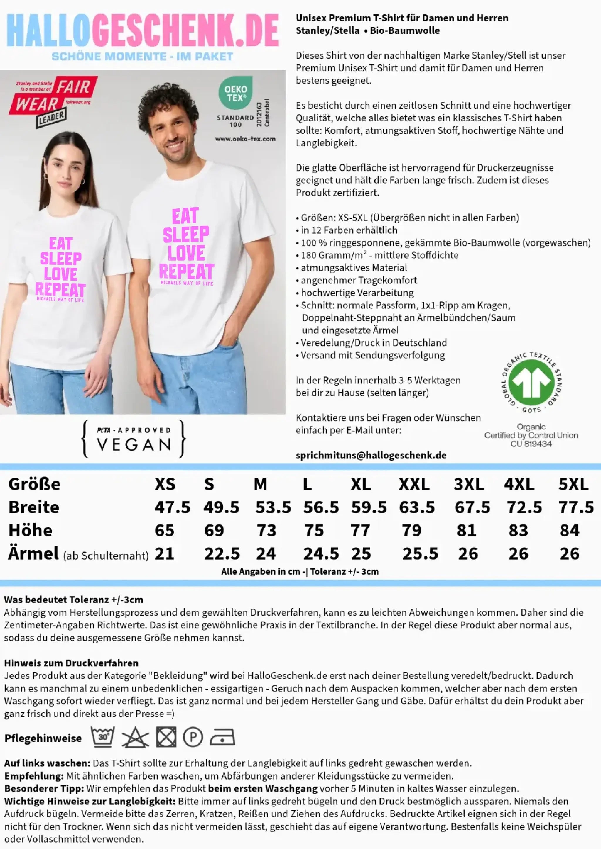EAT SLEEP LOVE REPEAT + WUNSCHTEXT • Unisex Premium T-Shirt XS-5XL aus Bio-Baumwolle für Damen & Herren • Exklusivdesign • personalisiert