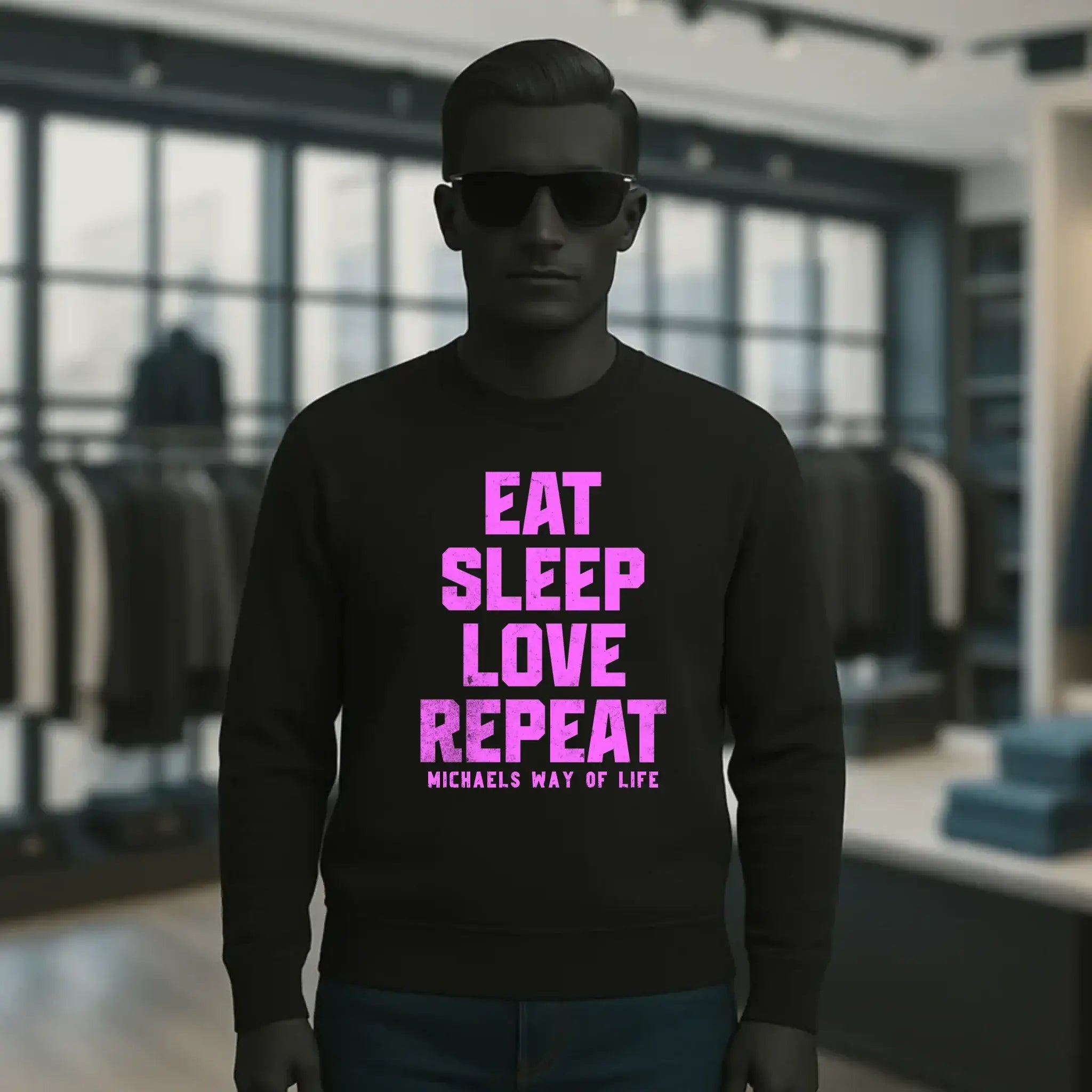 EAT SLEEP LOVE REPEAT + WUNSCHTEXT • Unisex Sweatshirt Bio-Baumwolle in 4 Farben XS-3XL • personalisiert