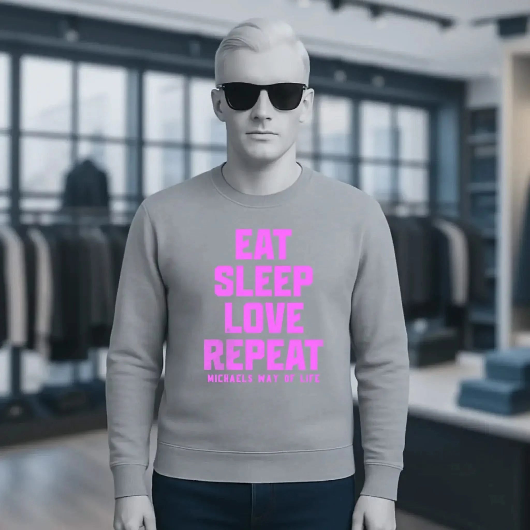 EAT SLEEP LOVE REPEAT + WUNSCHTEXT • Unisex Sweatshirt Bio-Baumwolle in 4 Farben XS-3XL • personalisiert