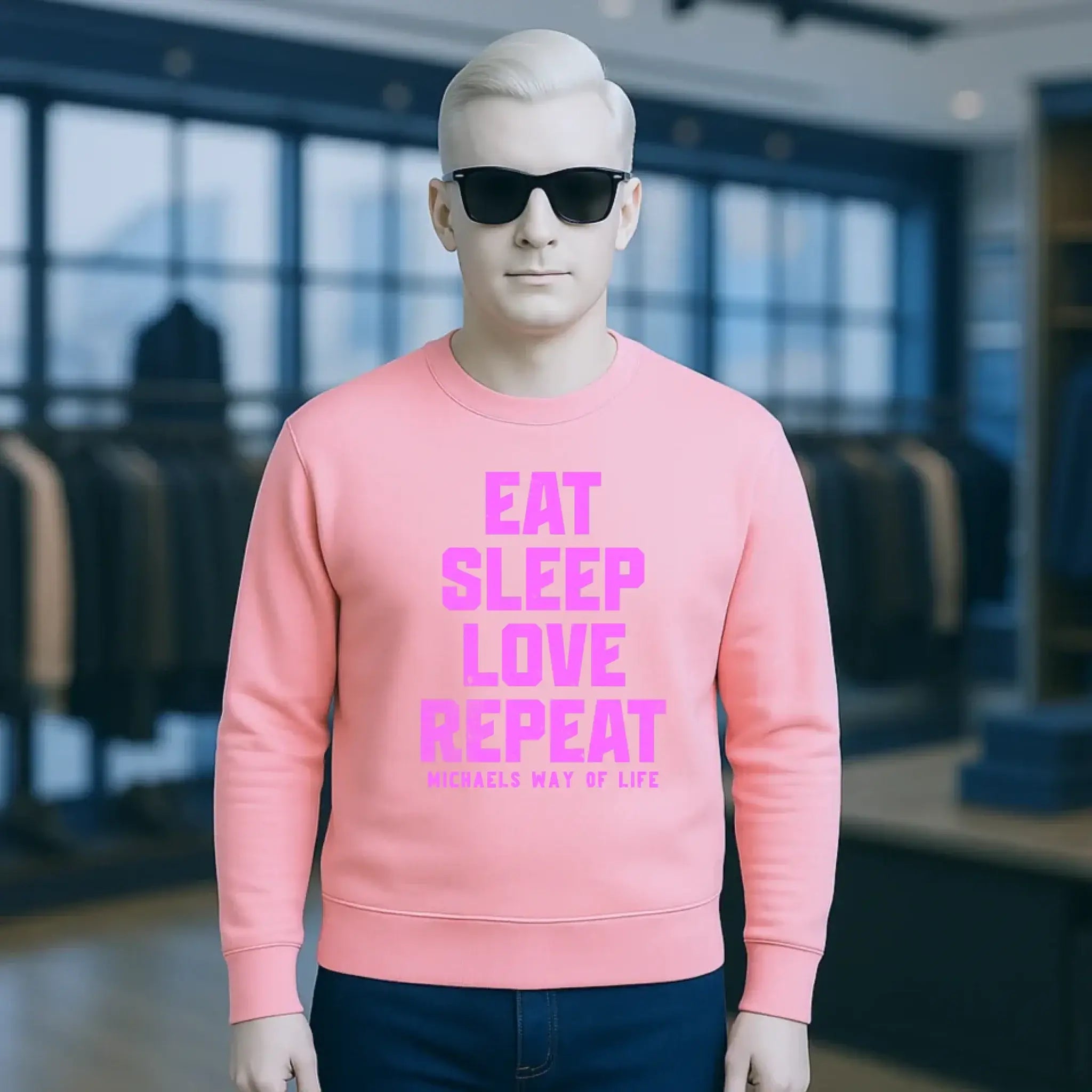 EAT SLEEP LOVE REPEAT + WUNSCHTEXT • Unisex Sweatshirt Bio-Baumwolle in 4 Farben XS-3XL • personalisiert