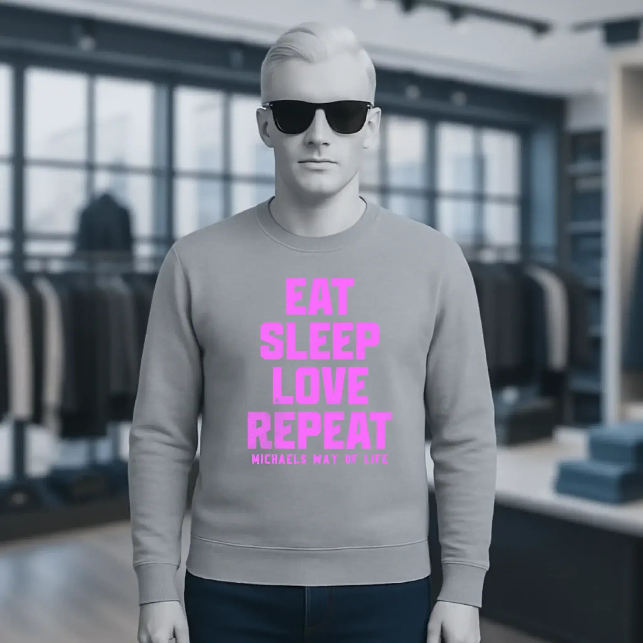 EAT SLEEP LOVE REPEAT + WUNSCHTEXT • Unisex Sweatshirt Bio-Baumwolle in 4 Farben XS-3XL • personalisiert