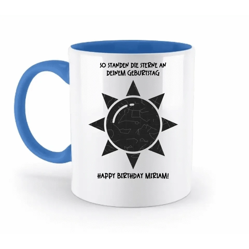 Echte Sternenkarte in Sonnenform mit Ort/Zeit und deinen Text • zweifarbige Tasse • Exklusivdesign • personalisiert