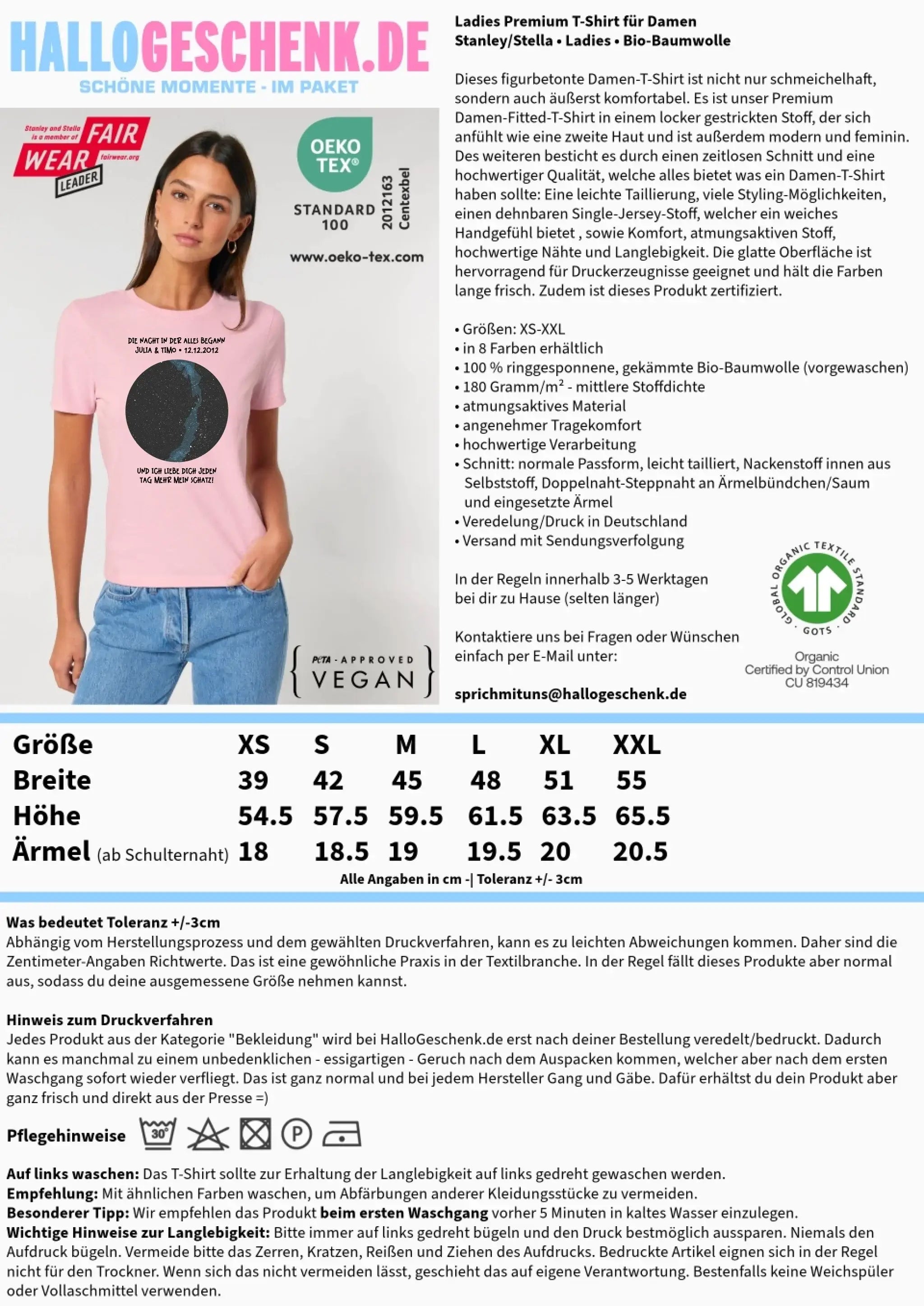 Echte Sternenkarte mit Ort/Zeit und deinem Text • Ladies Premium T-Shirt XS-2XL aus Bio-Baumwolle für Damen