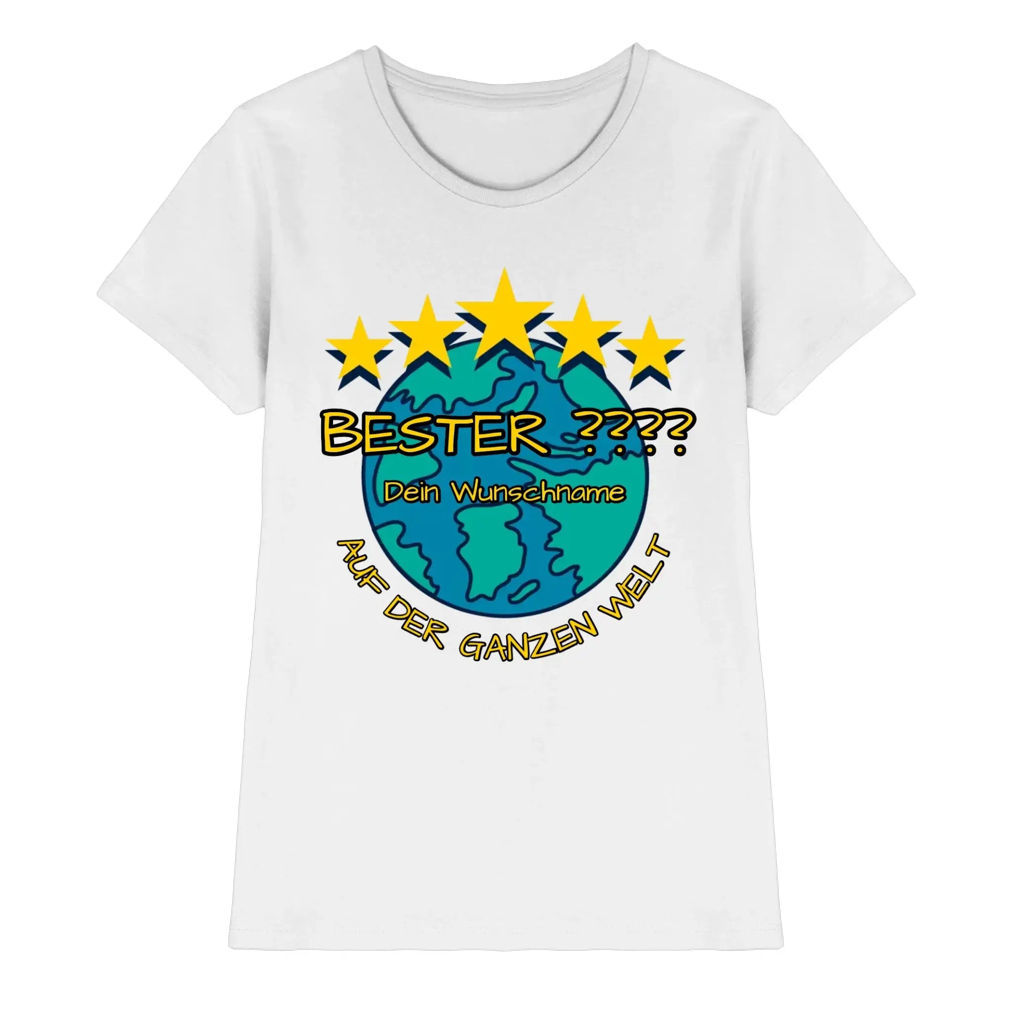 Weißer baumwoll t shirt mit buntem globus grafik und gelben sternen plus deutscher text personalisiert